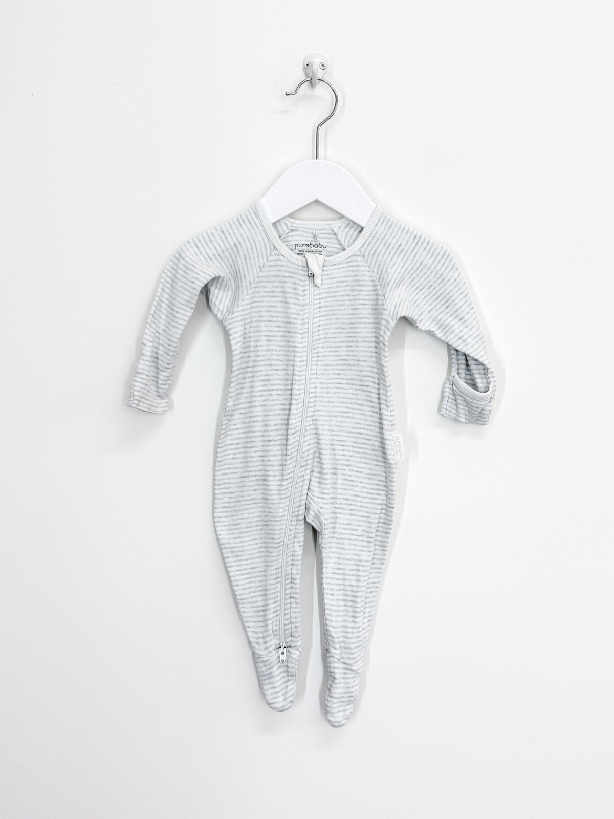Purebaby organic zipsuit - grey stripe (0-3m)