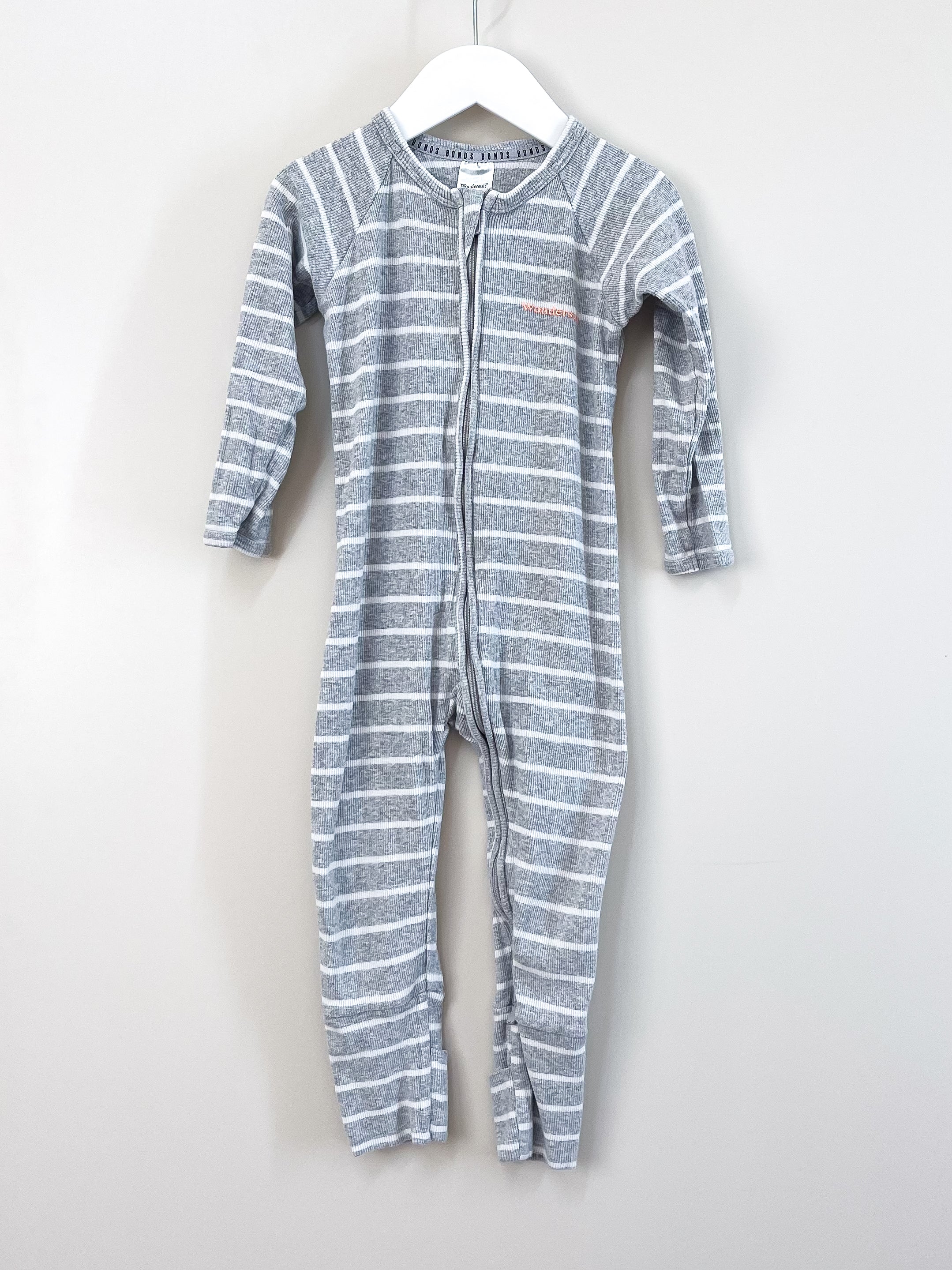 Bonds ribbed wondersuit - grey stripe (18-24m)