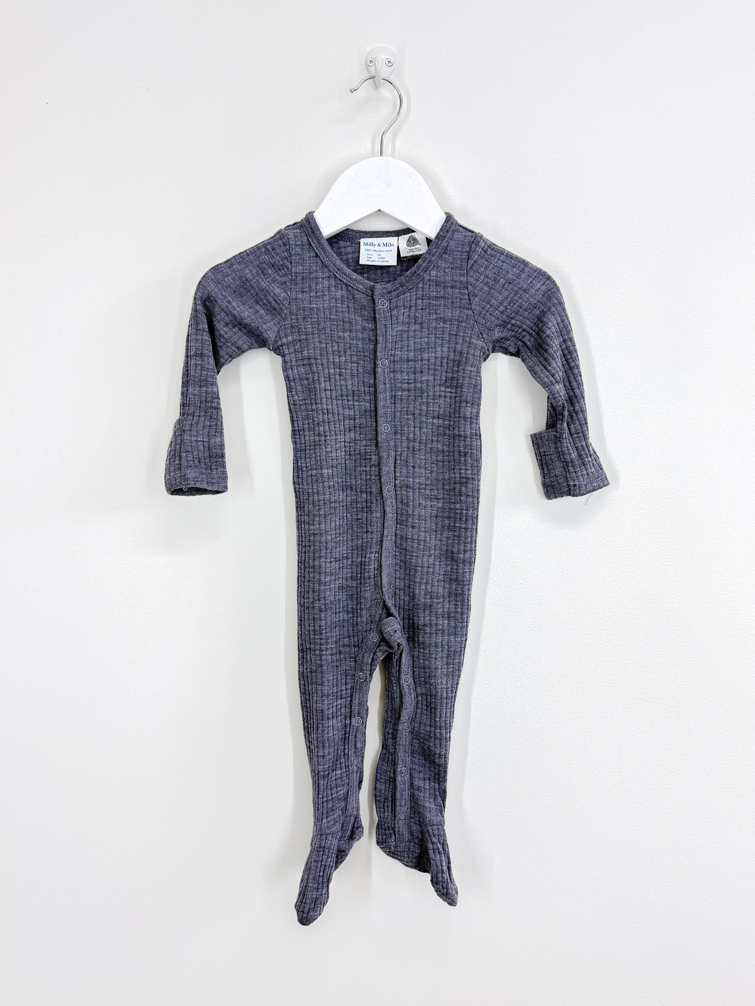 Milly & Milo merino rib button onesie - grey (3-6m)