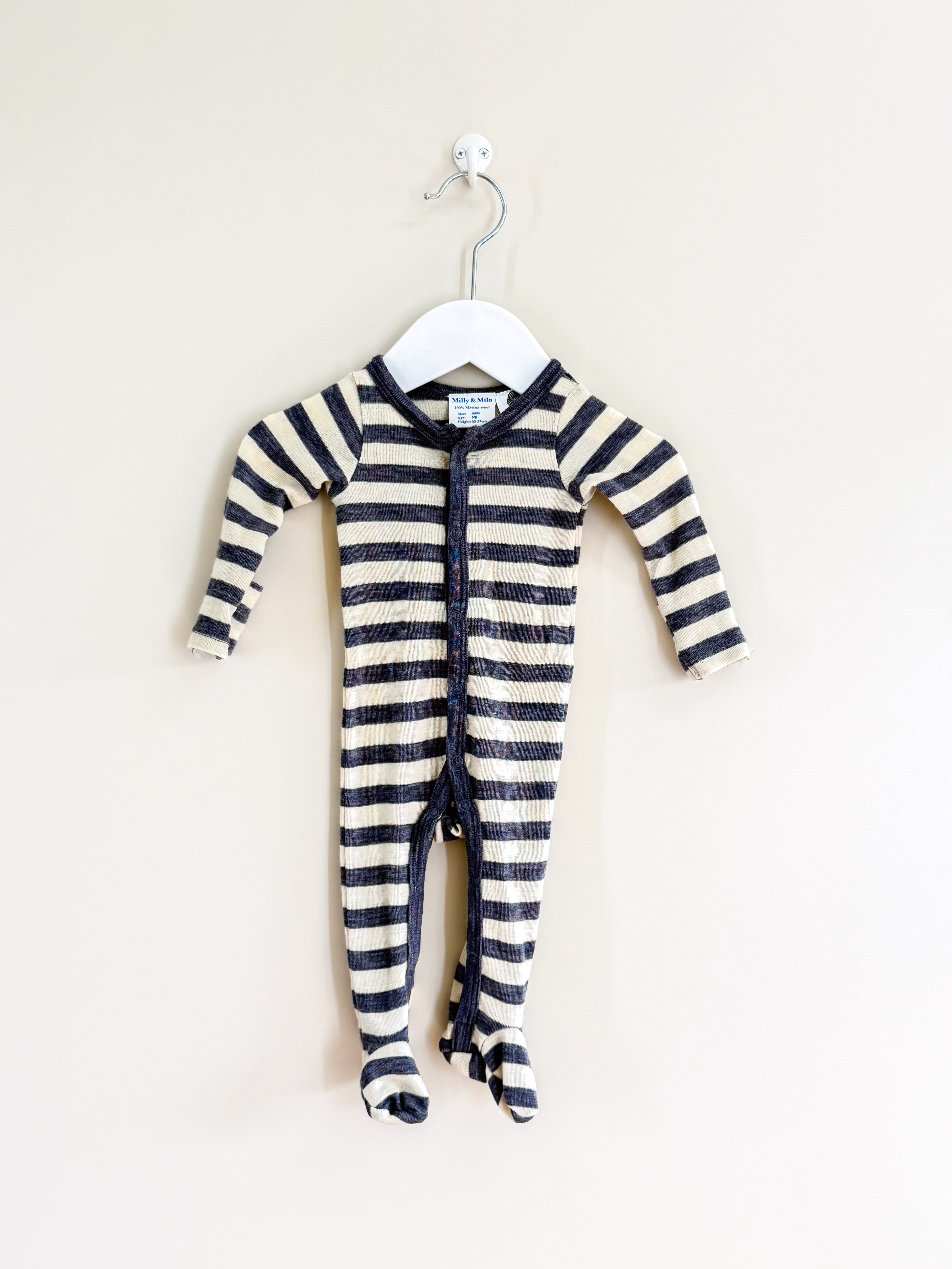 Milly & Milo merino onesie - grey stripe (0-3m)