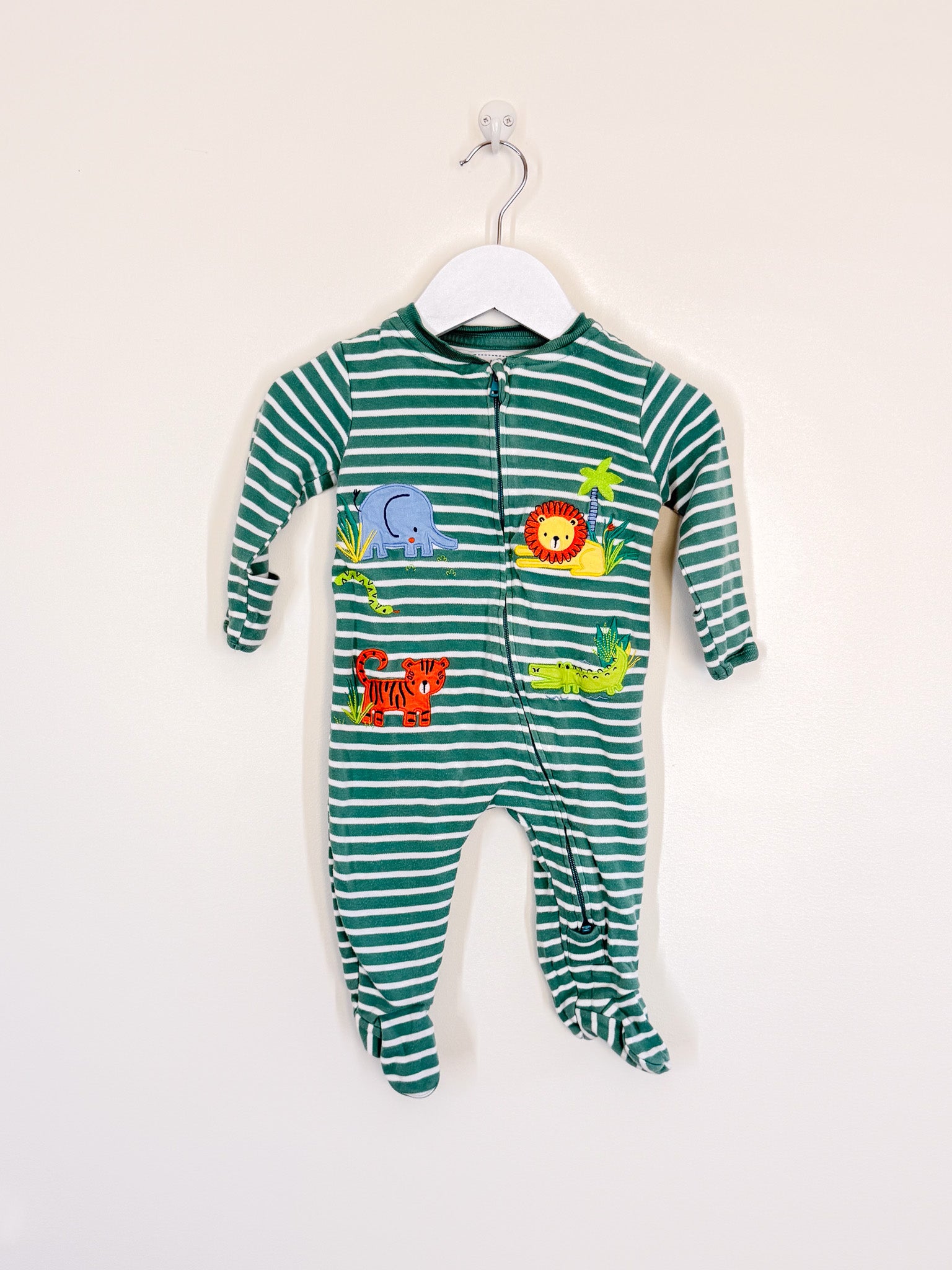 Jojo Maman Bebe animal stripe zipsuit (6-9m)