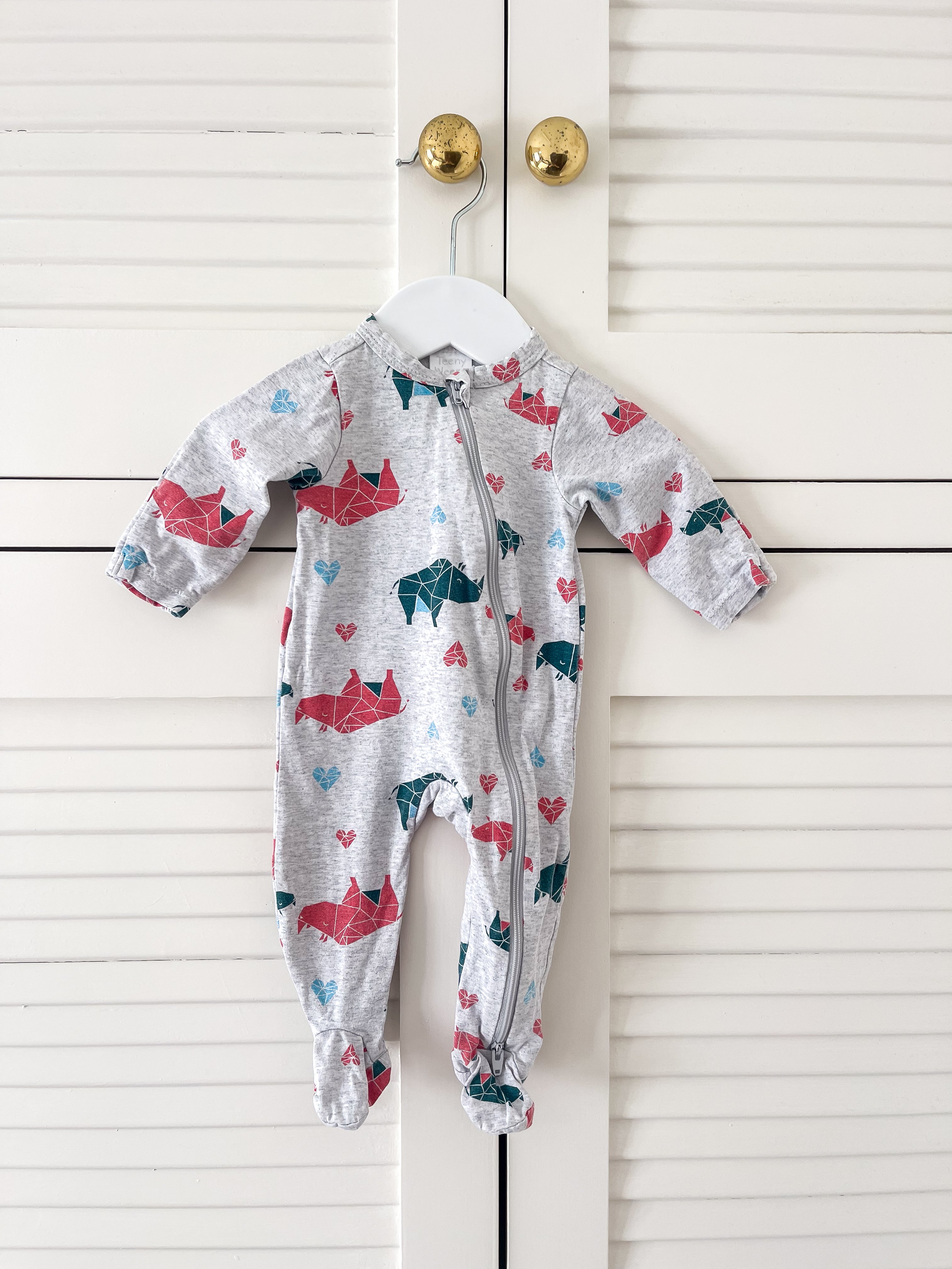 Teeny Weeny zip onesie - geo rhino (newborn)