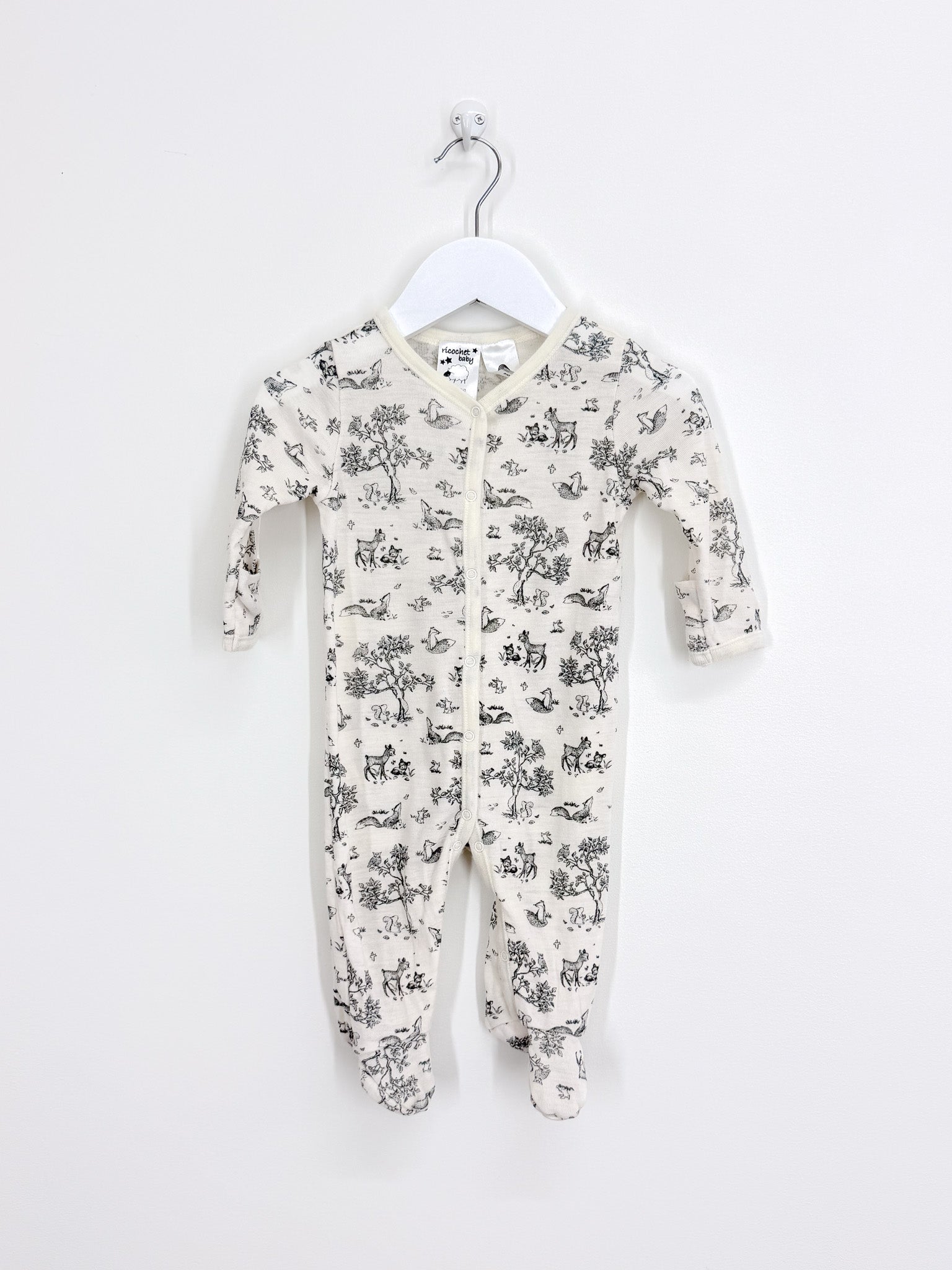 Ricochet merino button onesie - forest friends (3-6m)