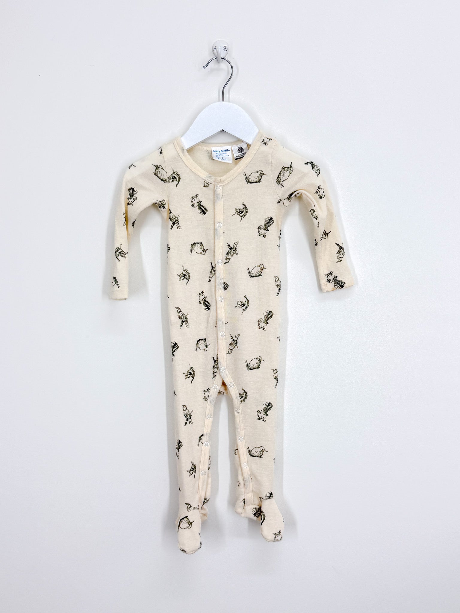 Milly & Milo merino button onesie - kiwi birds (6-12m)