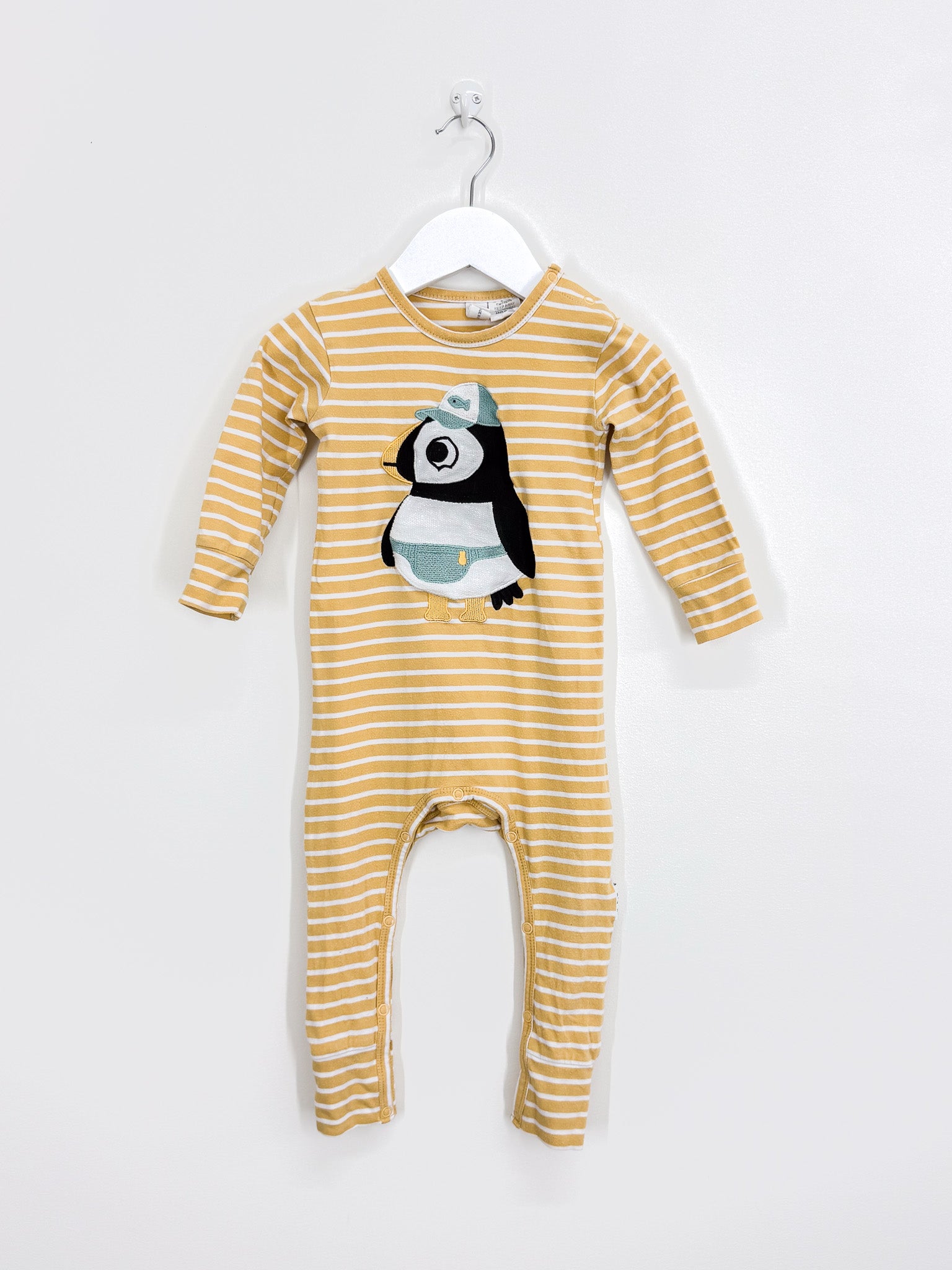 Hux organic puffin stripe onesie (12-18m)