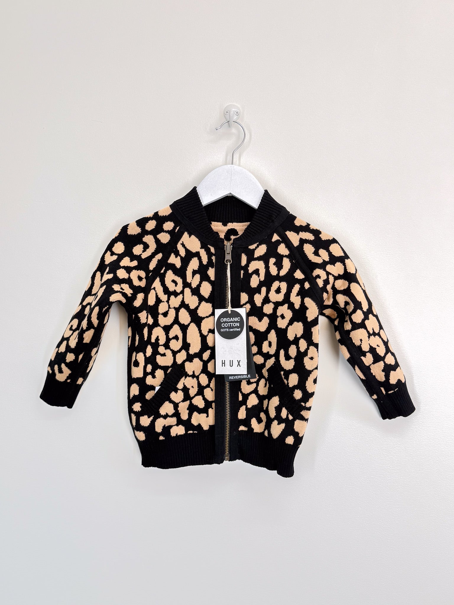 BNWT Hux organic leopard reversible knit bomber jacket (3y)