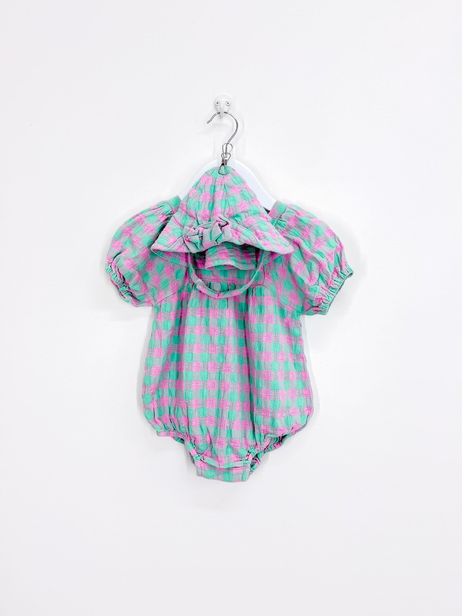 Seed Heritage gingham romper + sun hat set (12-18m)