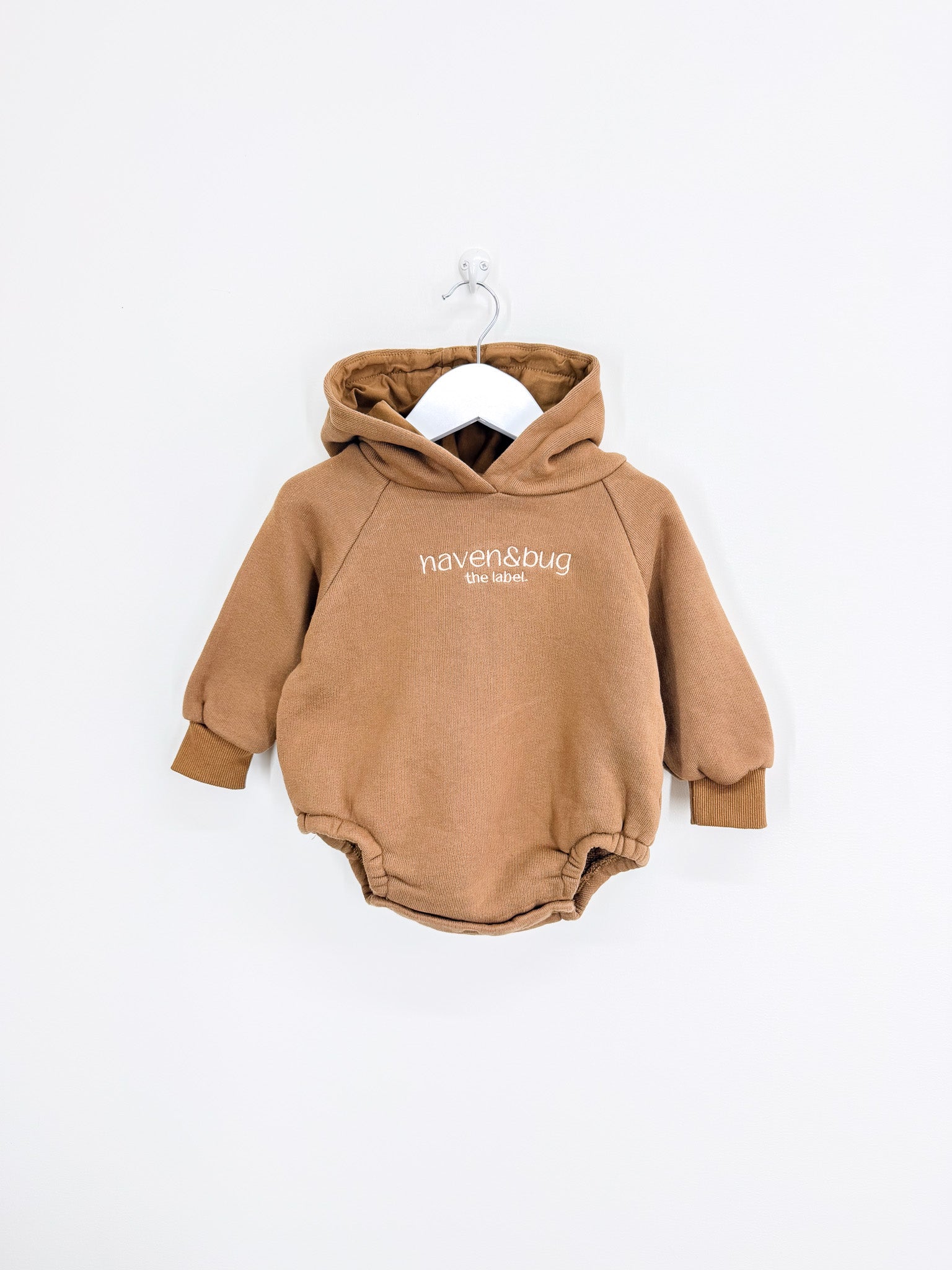 Haven & Bug fleece hooded logo romper (1y)