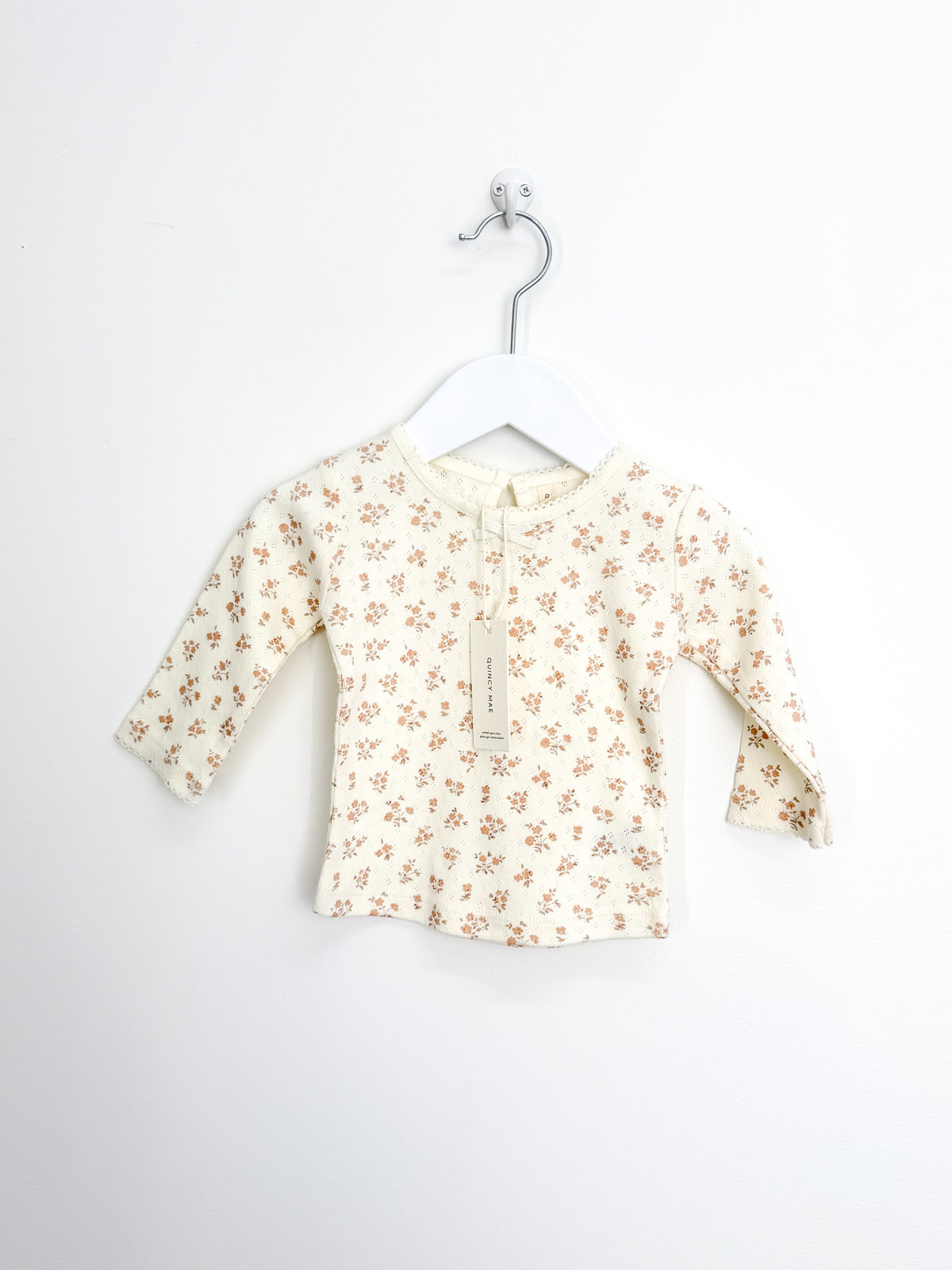 BNWT Quincy Mae organic pointelle long sleeve tee - ivory floral (3-6m)