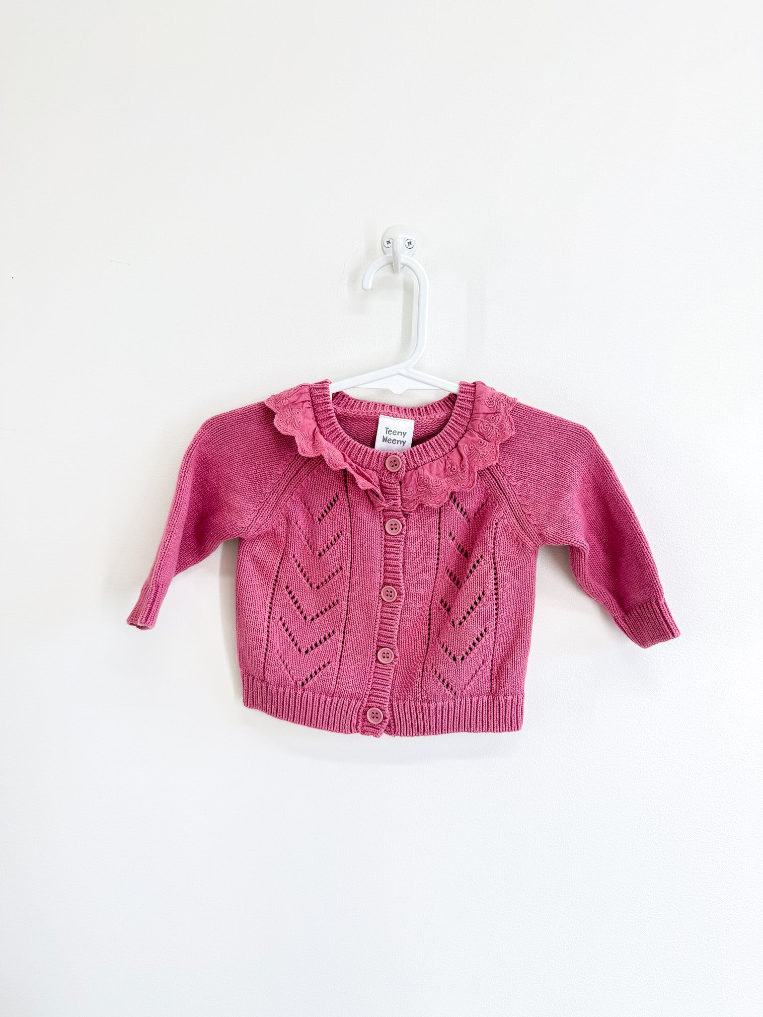 Teeny Weeny pointelle raspberry knit cardigan (0-3m)