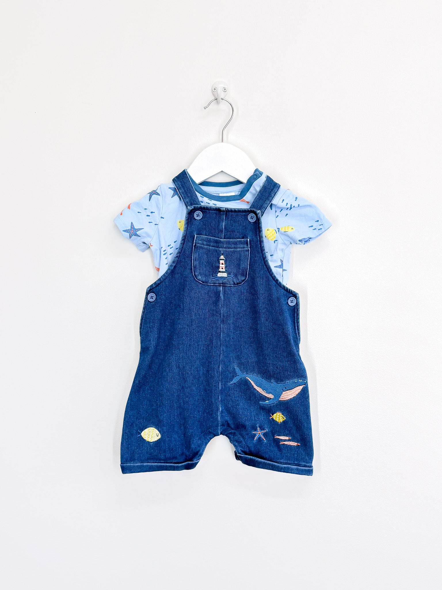Teeny Weeny seaside denim overalls + tee set (6-12m)