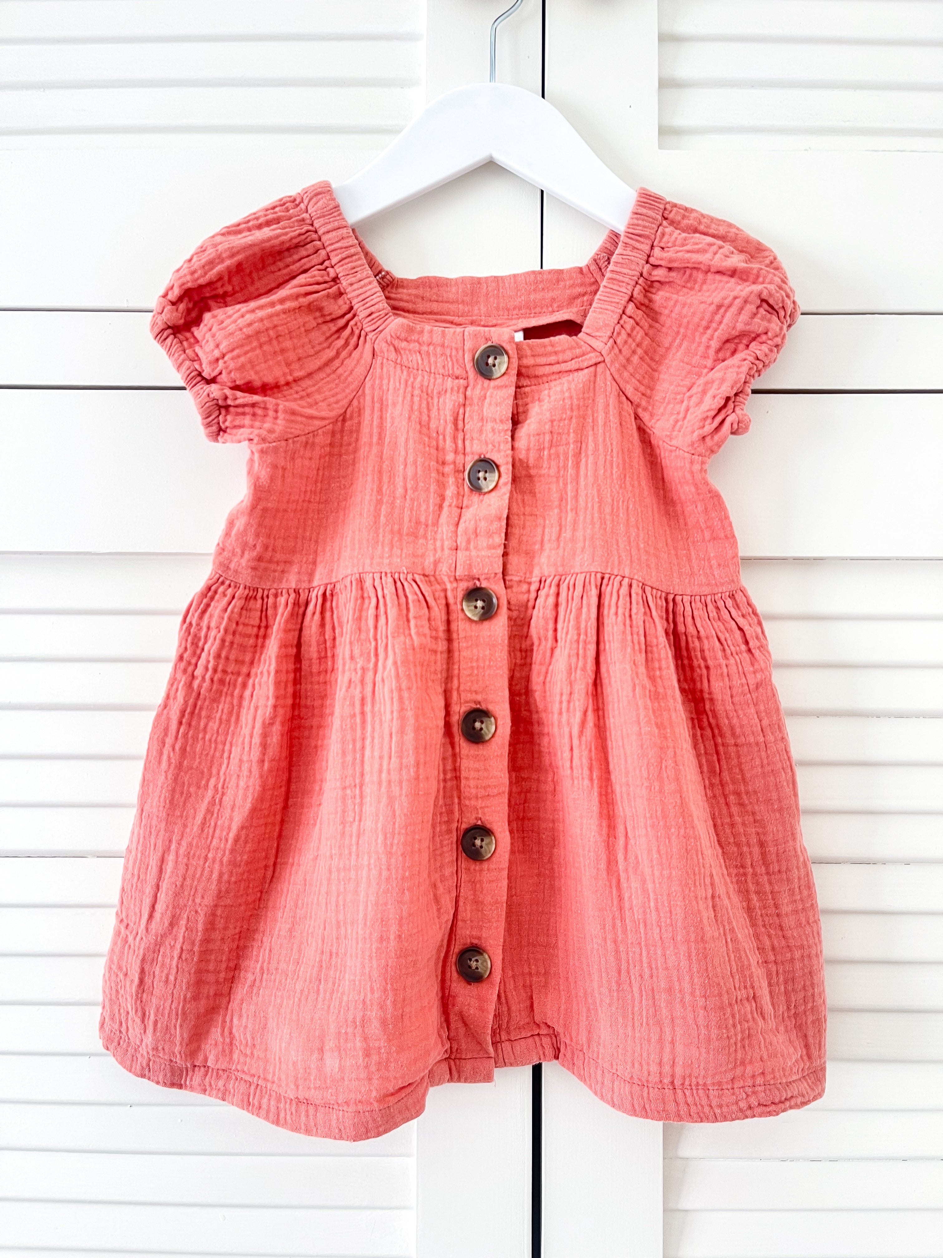 Seed muslin button down dress - coral (6-12m)