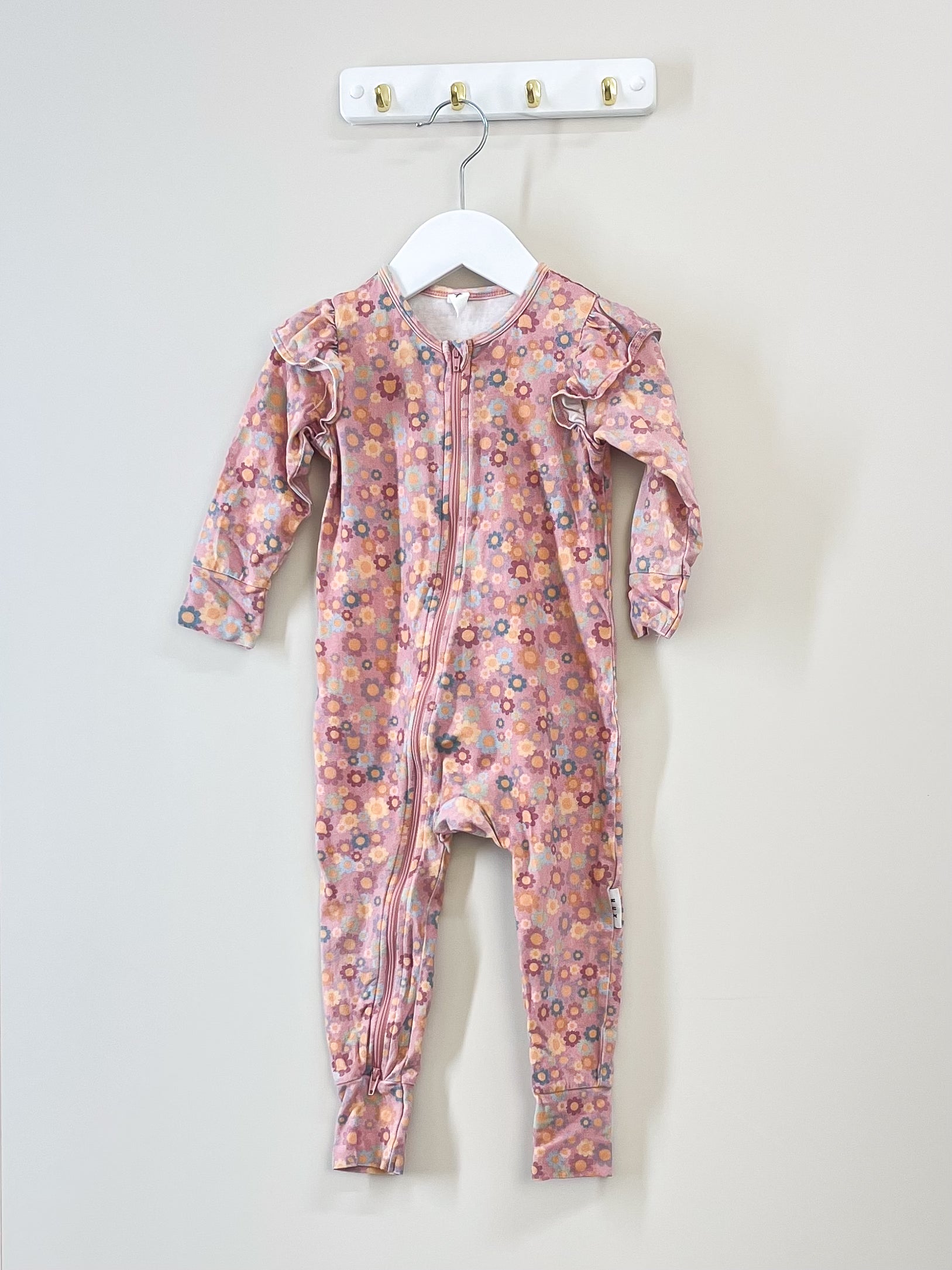 Hux organic flower bear zip romper (12-18m)