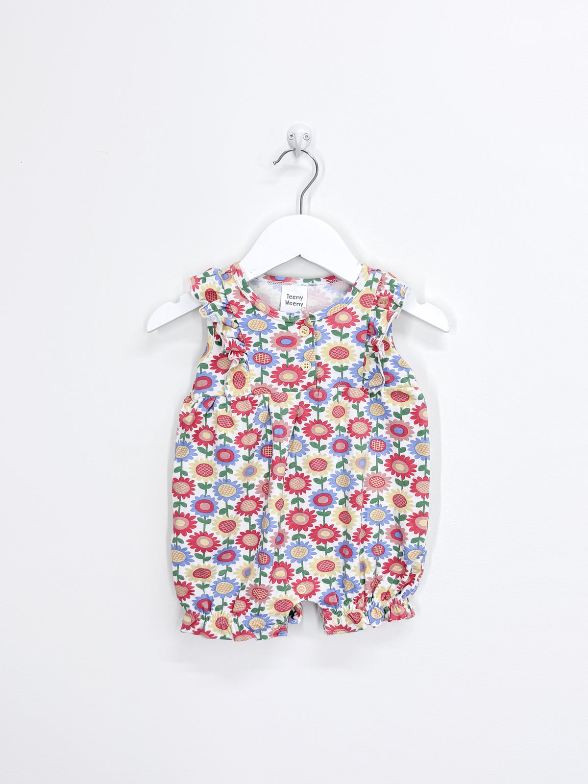 Teeny Weeny rainbow sunflower frill romper (3-6m)