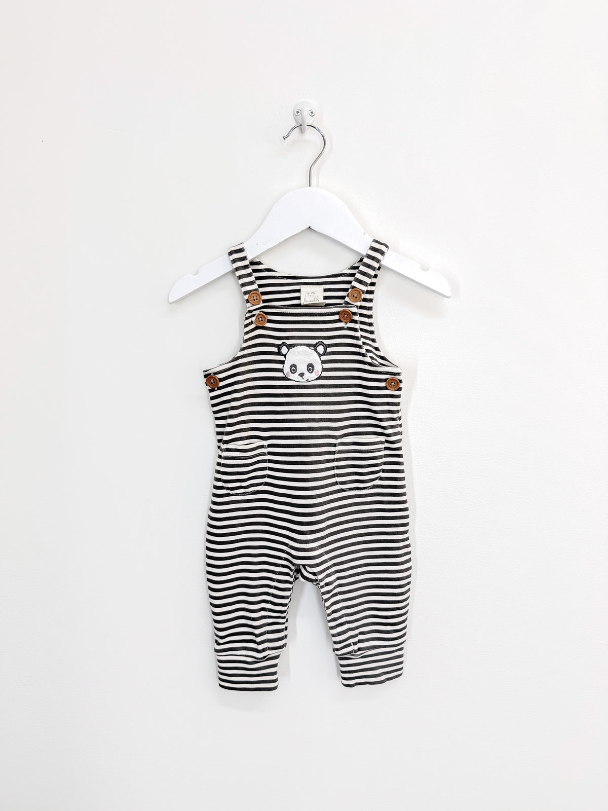 Little Bundle soft cotton panda stripe overalls (3-6m)