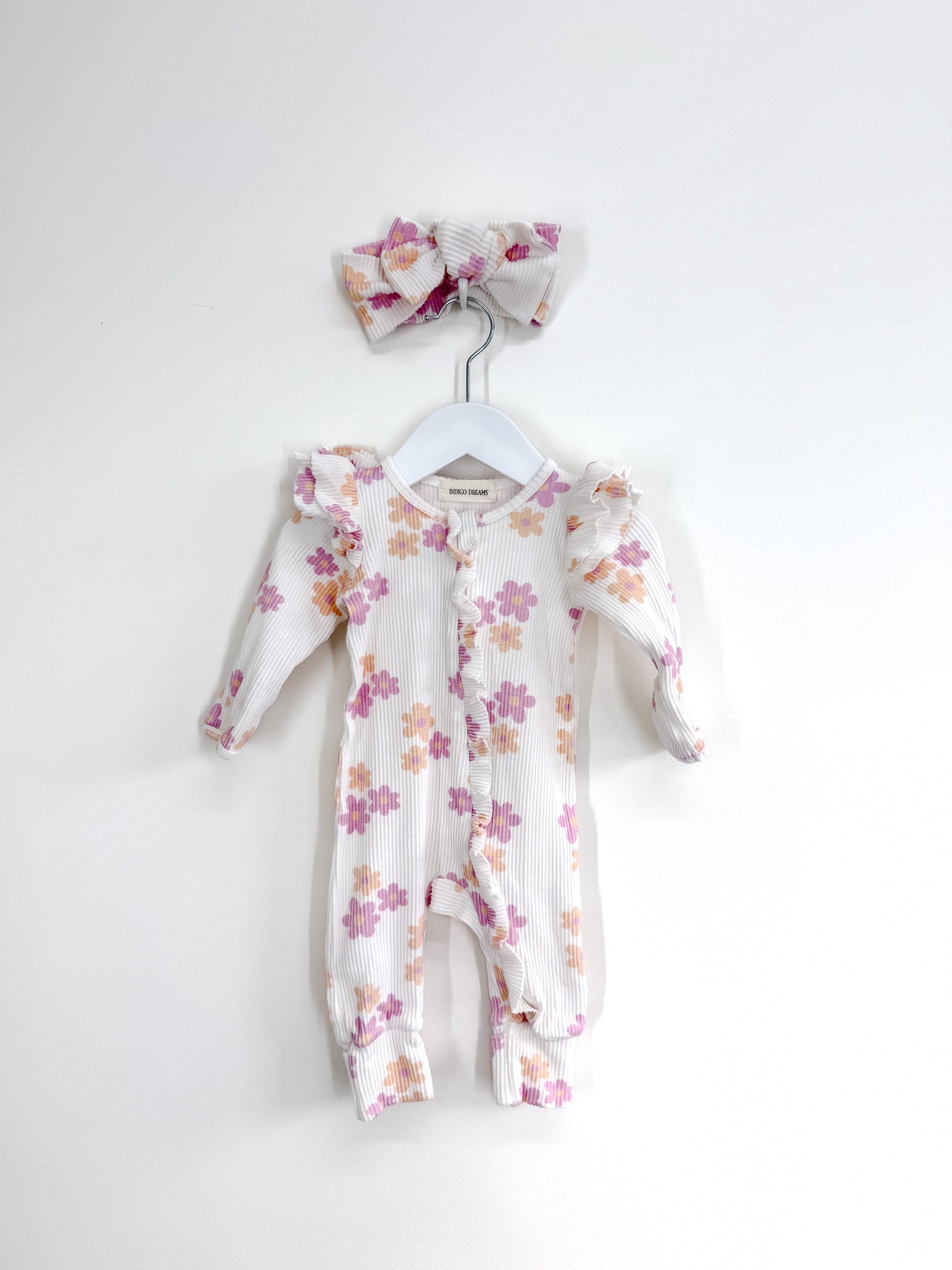 Indigo Dreams ribbed ruffle romper + headband - summer floral (3-6m)
