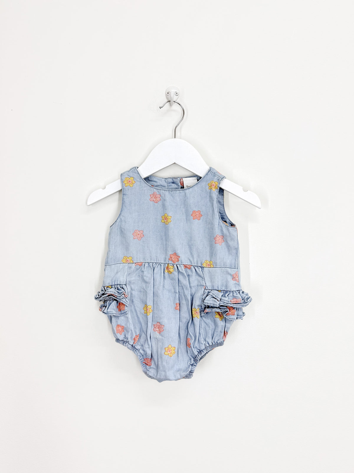 Teeny Weeny chambray floral frill romper (3-6m)