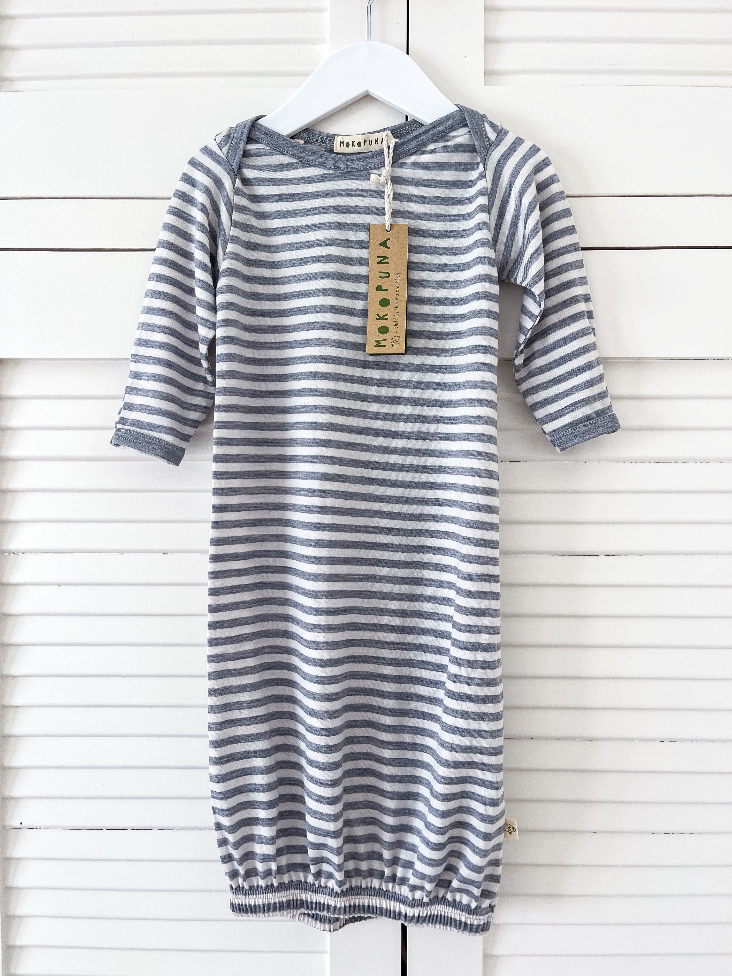 BNWT Mokopuna merino sleepsuit - cloudy bay stripe (3-6m)