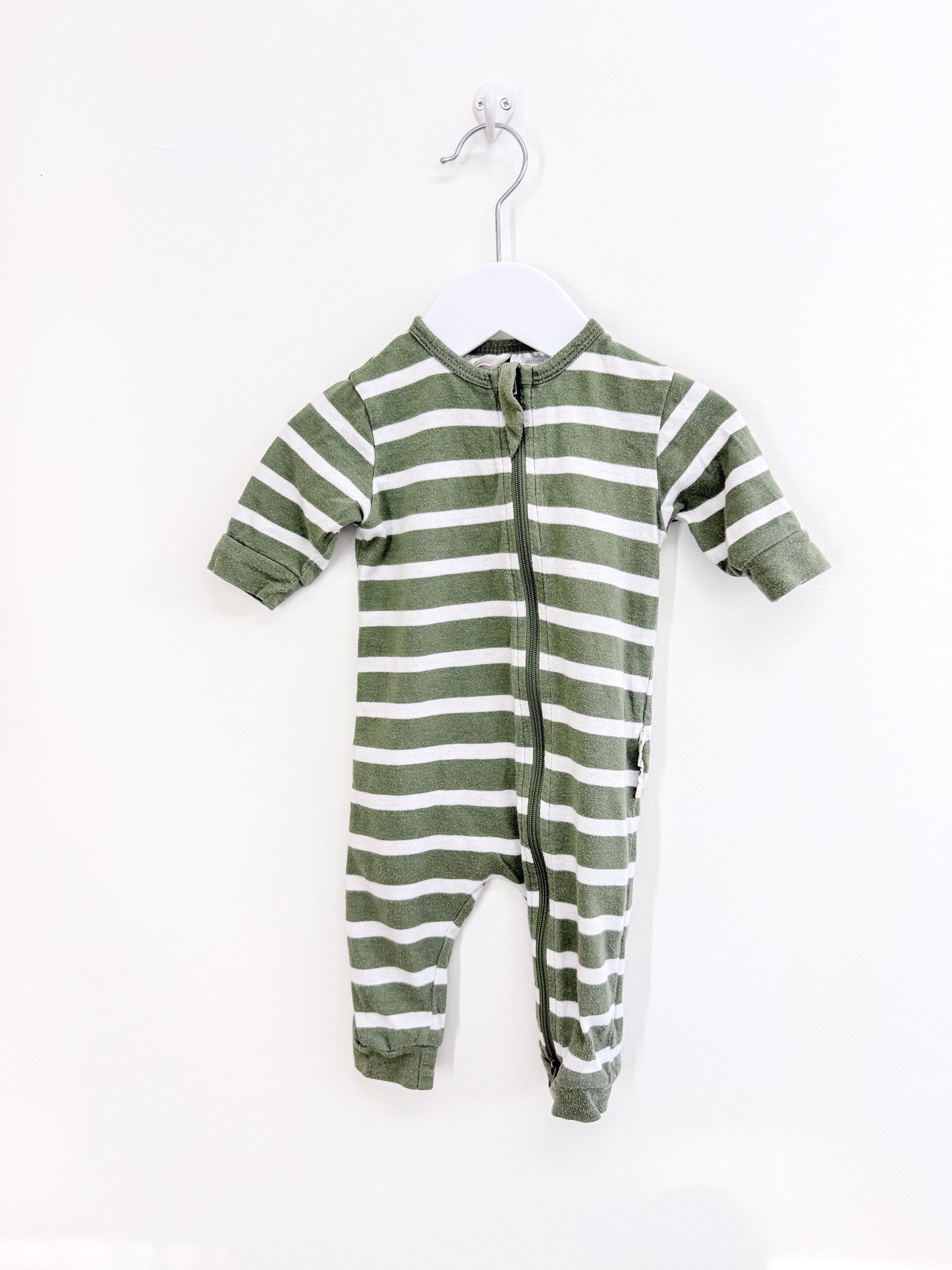 Woolbabe merino cotton PJ suit - green stripe (0-3m)