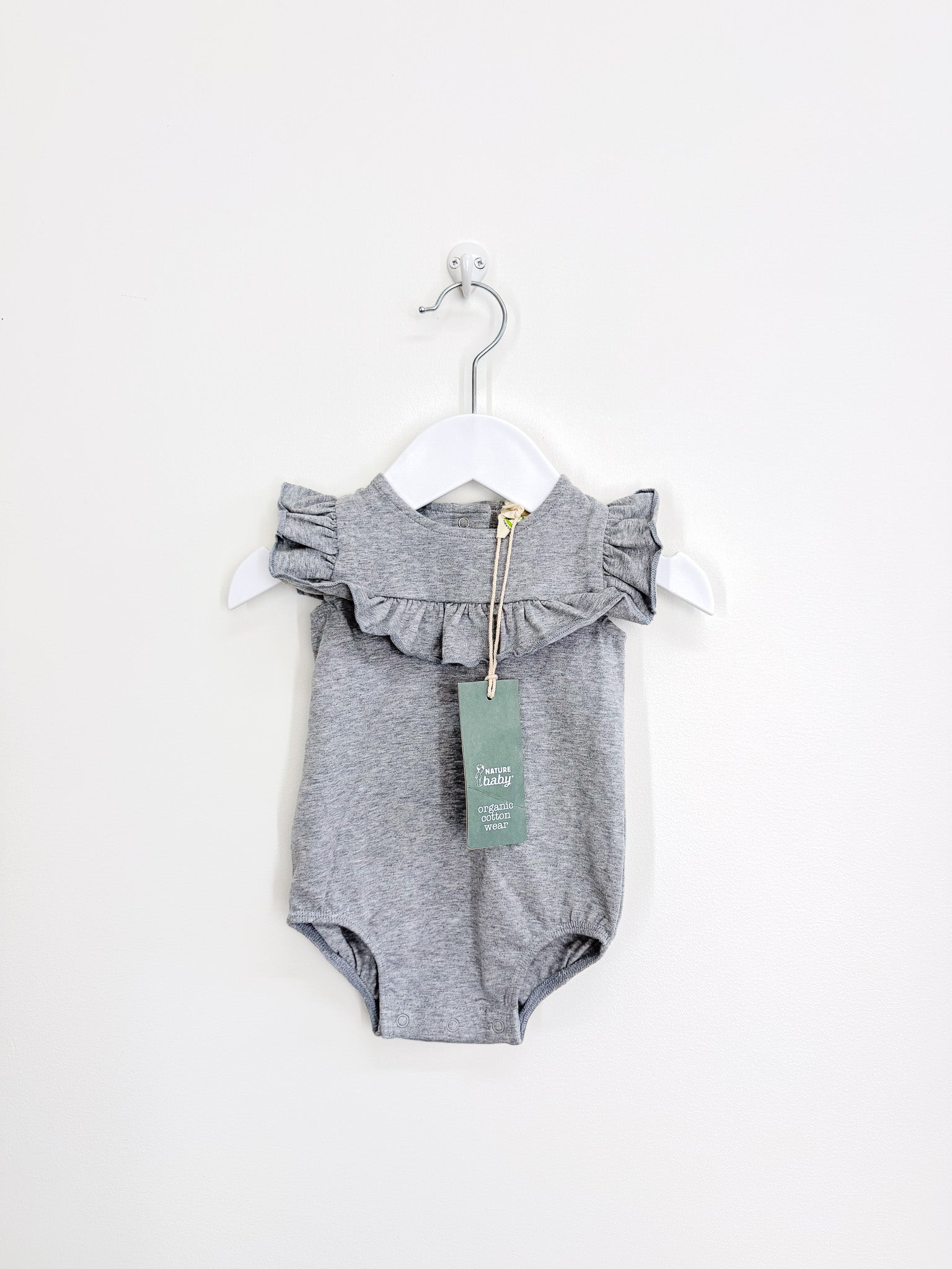 BNWT Nature Baby organic frill suit - grey marle (0-3m)