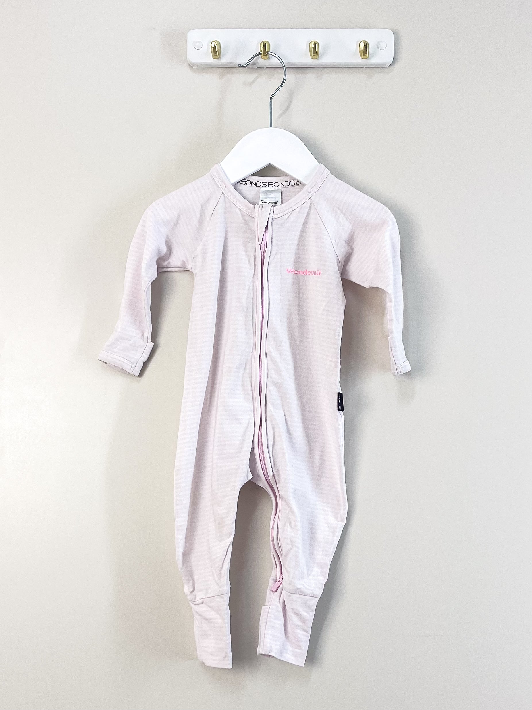 Bonds wondersuit - pink stripe (6-12m)