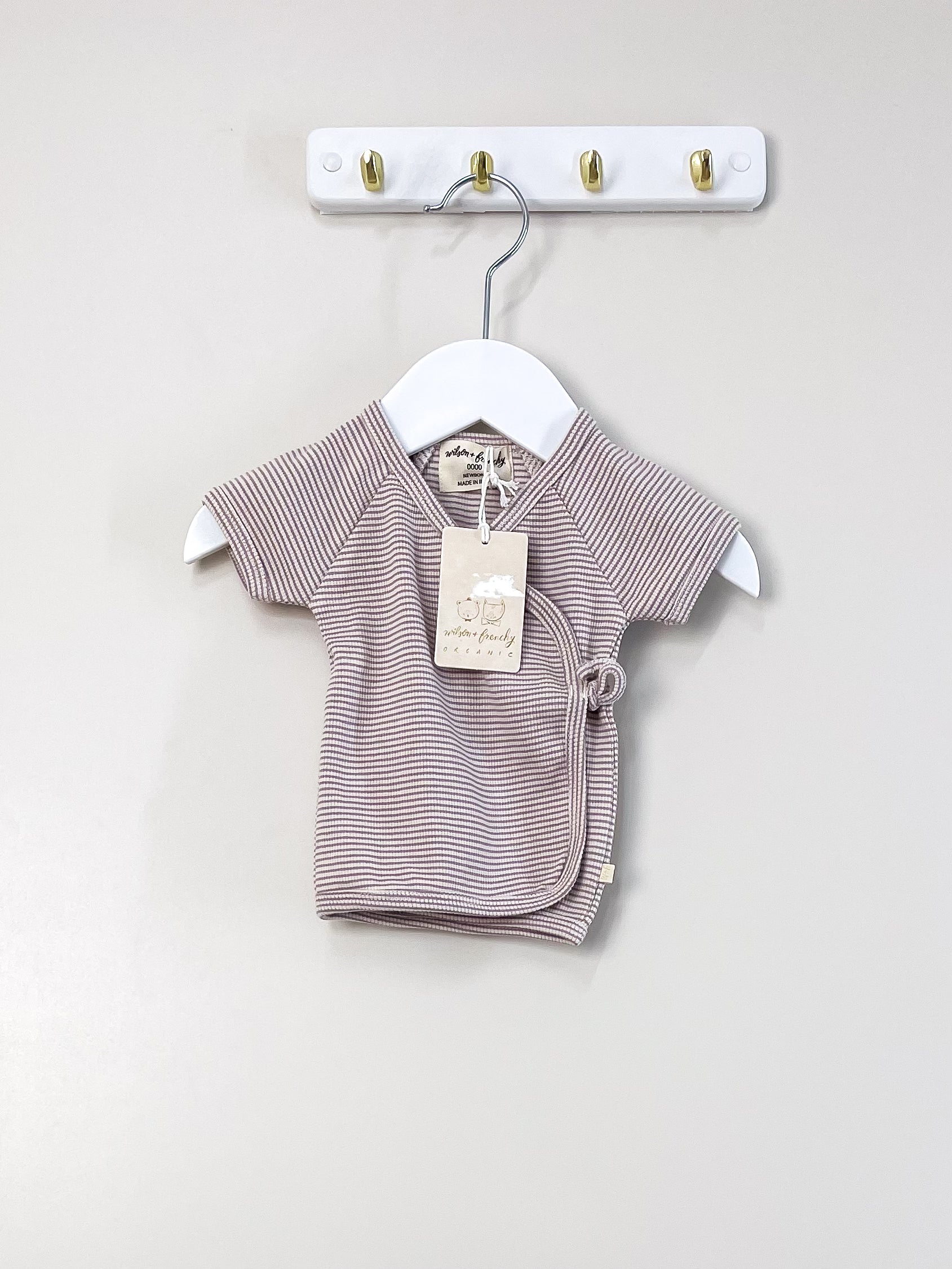 BNWT Wilson & Frenchy organic kimono top - plum stripe (newborn)