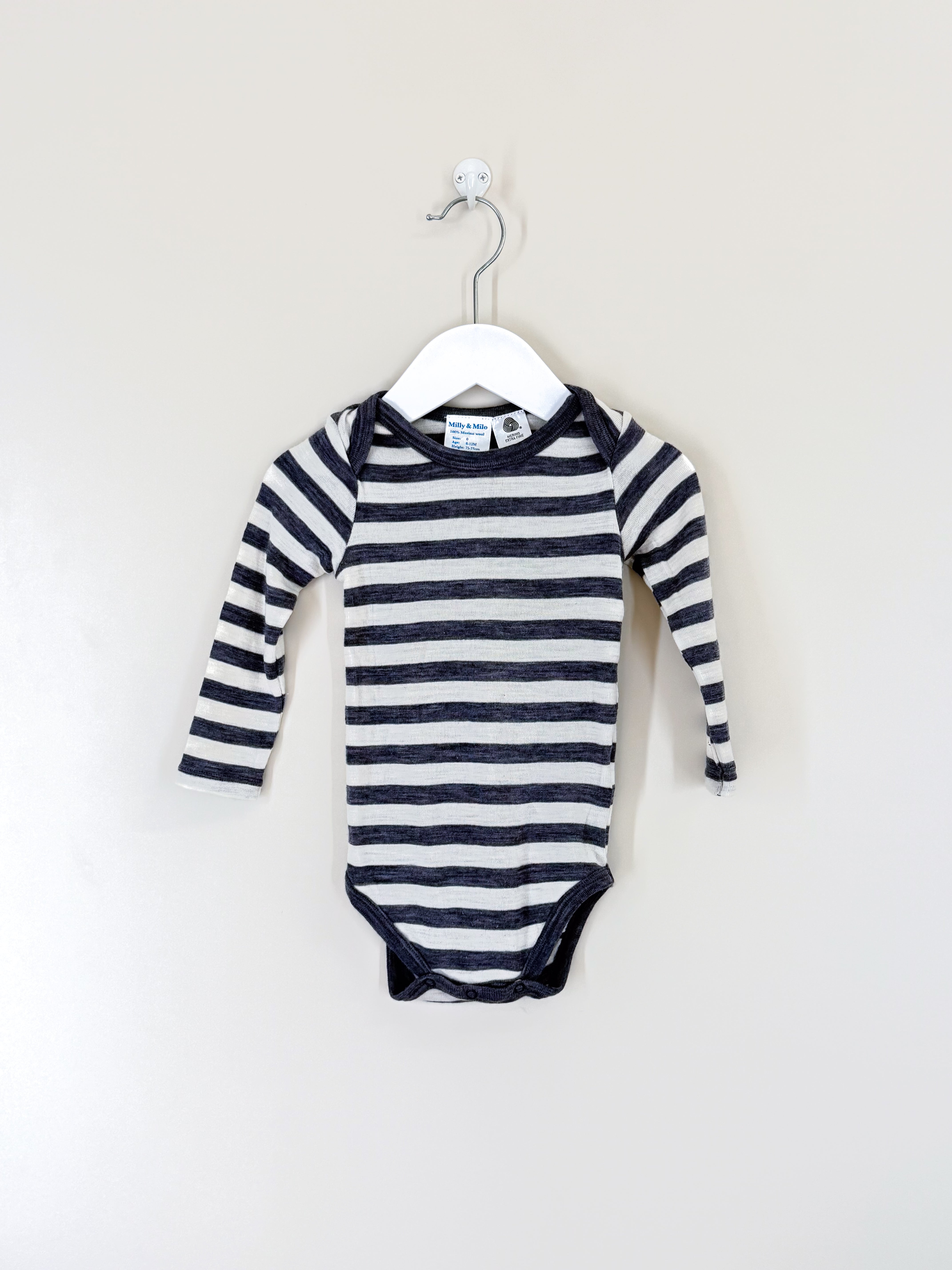 Milly & Milo merino bodysuit - grey stripe (0-3m)