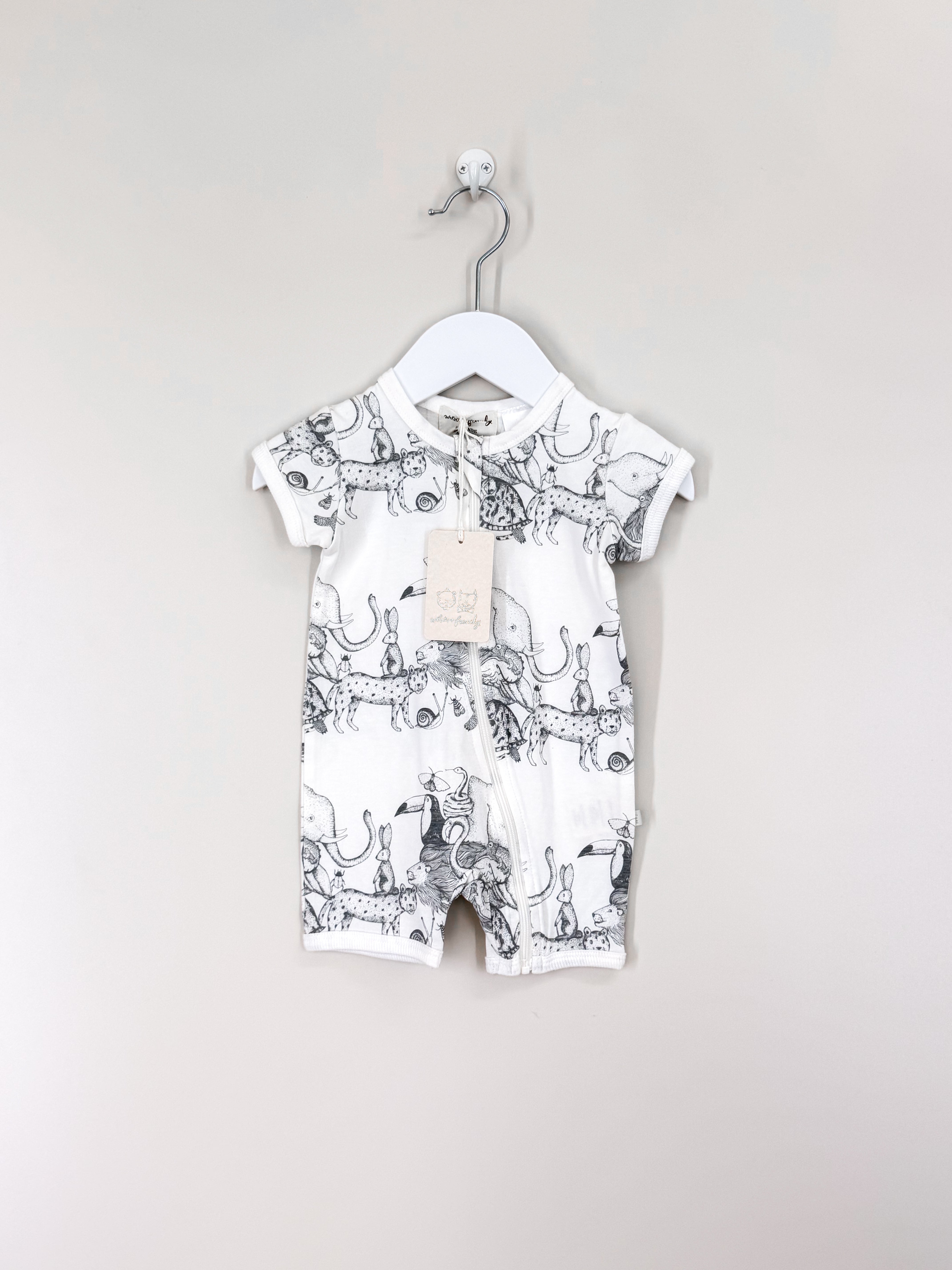 BNWT Wilson & Frenchy organic boyleg zipsuit - animalia (3-6m)