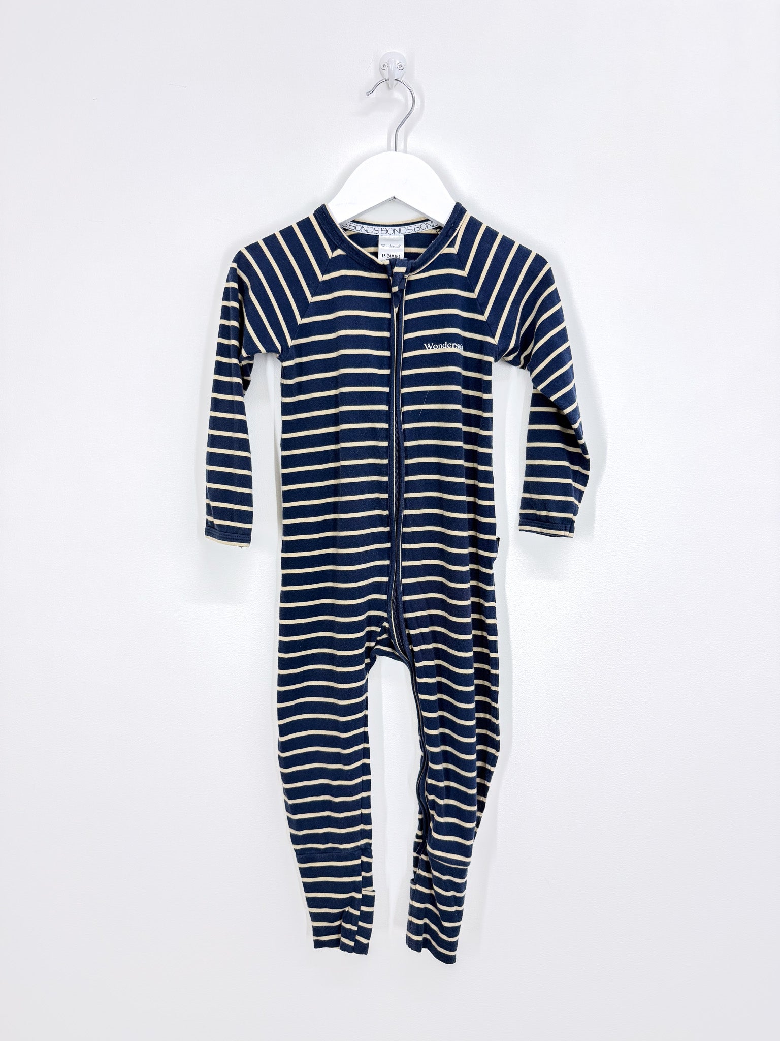 Bonds wondersuit - navy biege stripe (18-24m)