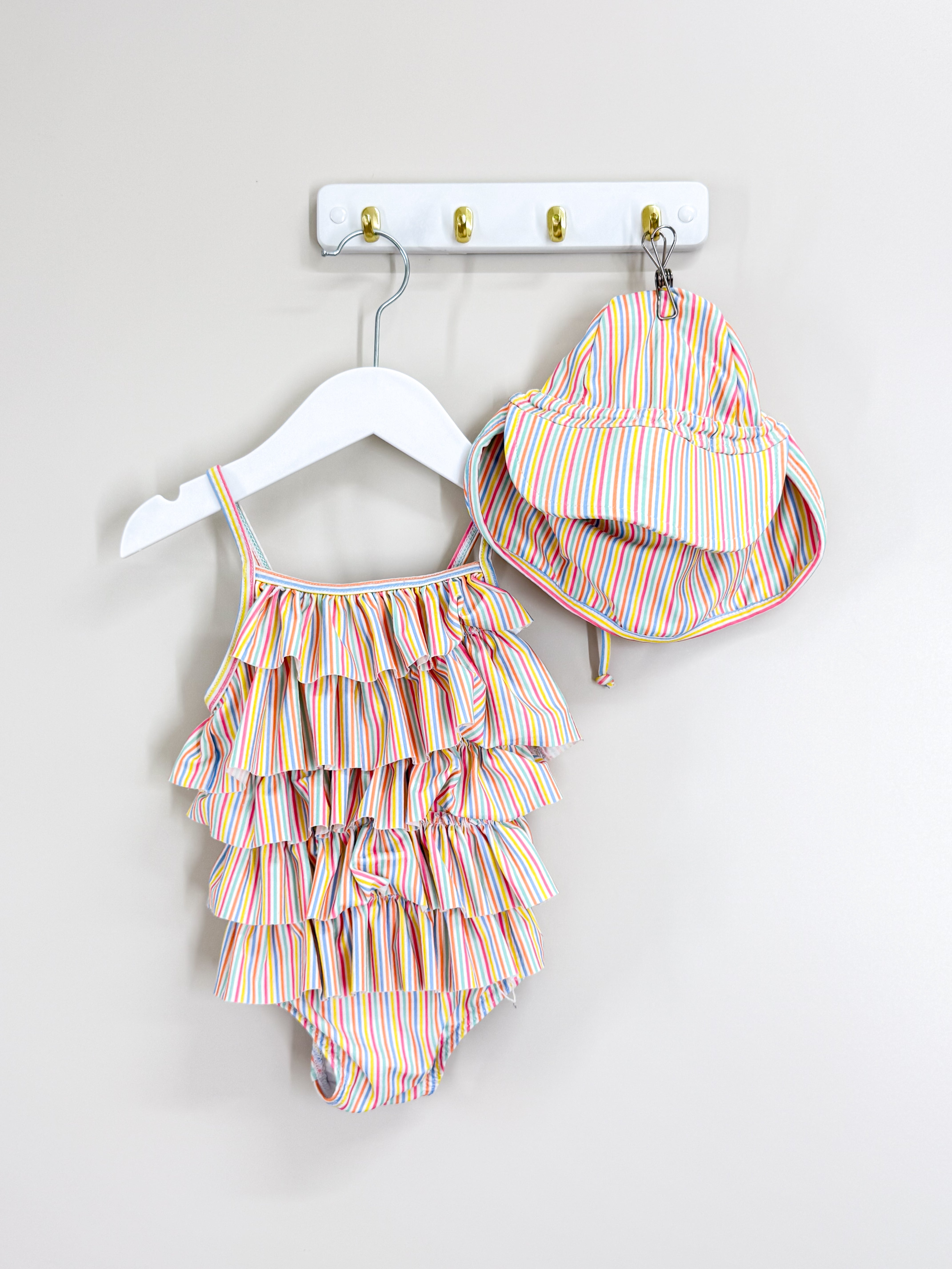 Teeny Weeny candy stripe frill swimsuit + flap hat (6-12m)