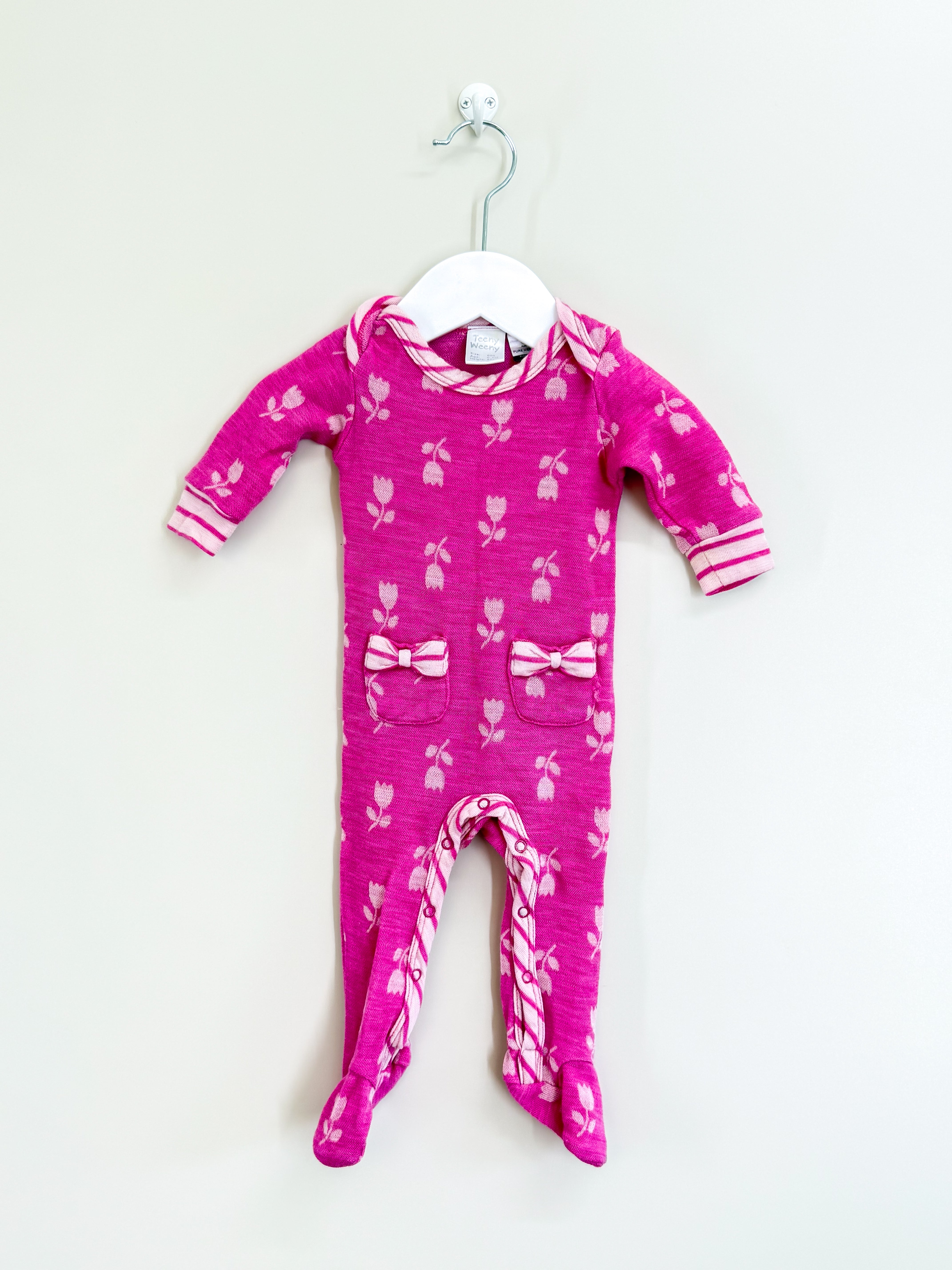 Teeny Weeny merino onesie - pink tulips (0-3m)