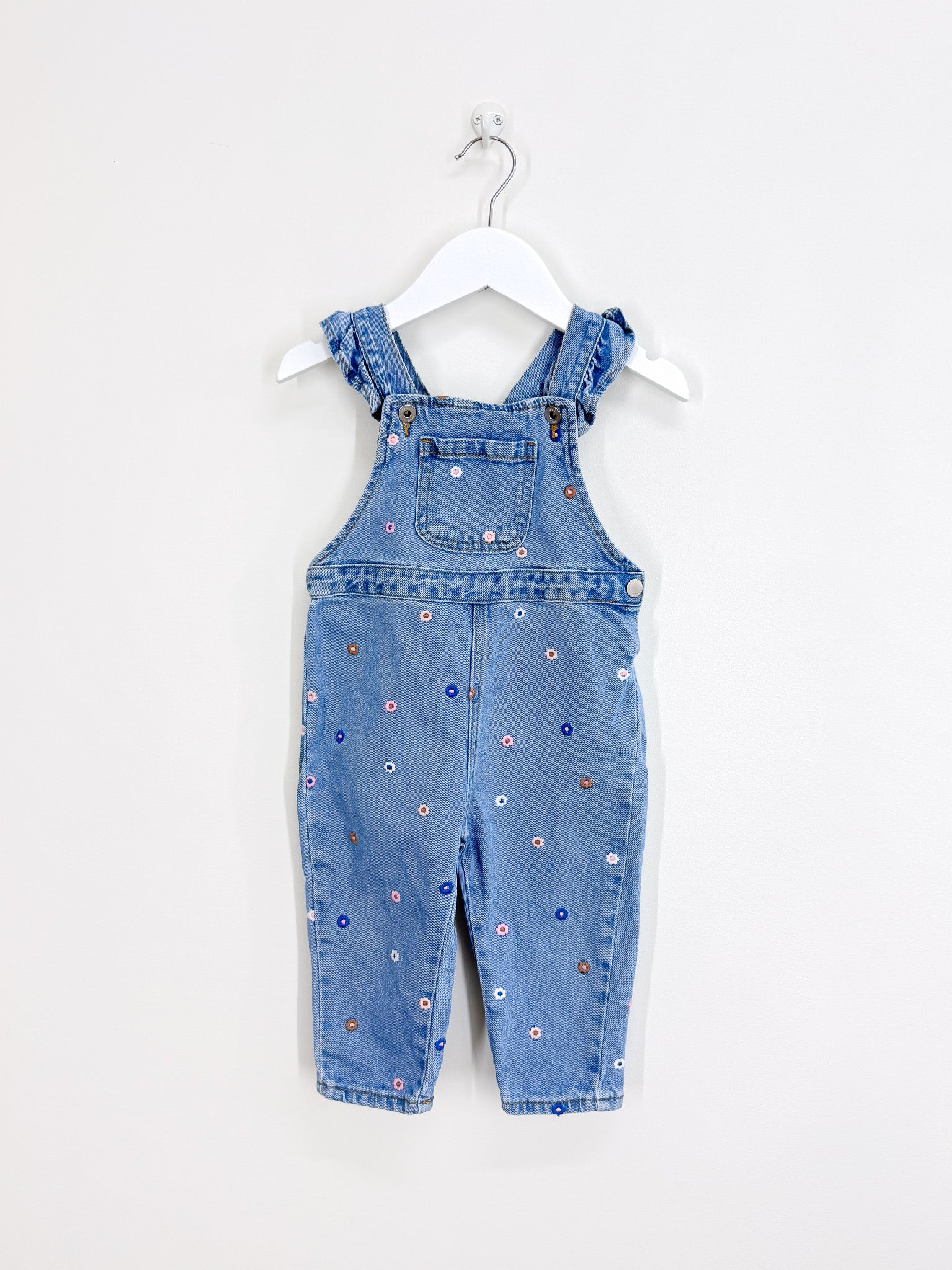 Seed embroidered frill denim overalls (12-18m)