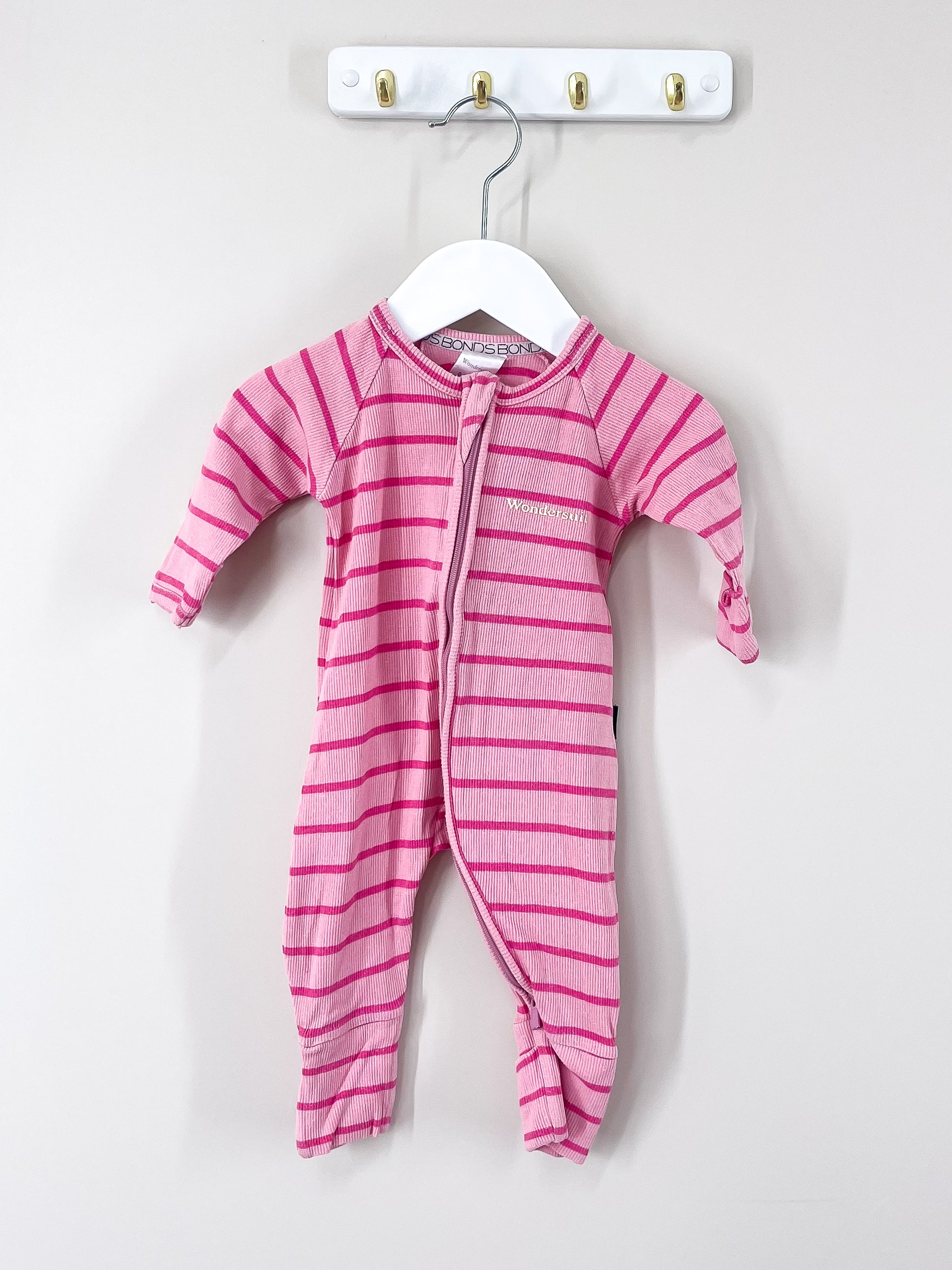 Bonds ribbed wondersuit - pink stripe (0-3m)