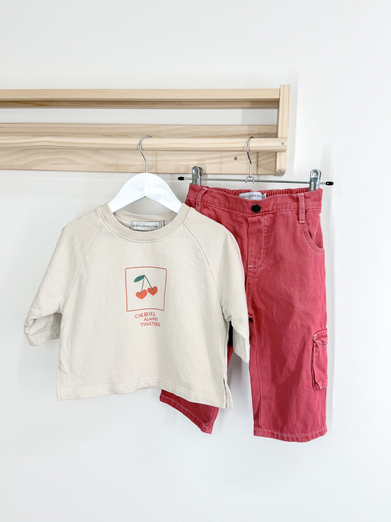 The Wholesome Store organic cherry sweatshirt + denim cargos set (2y)