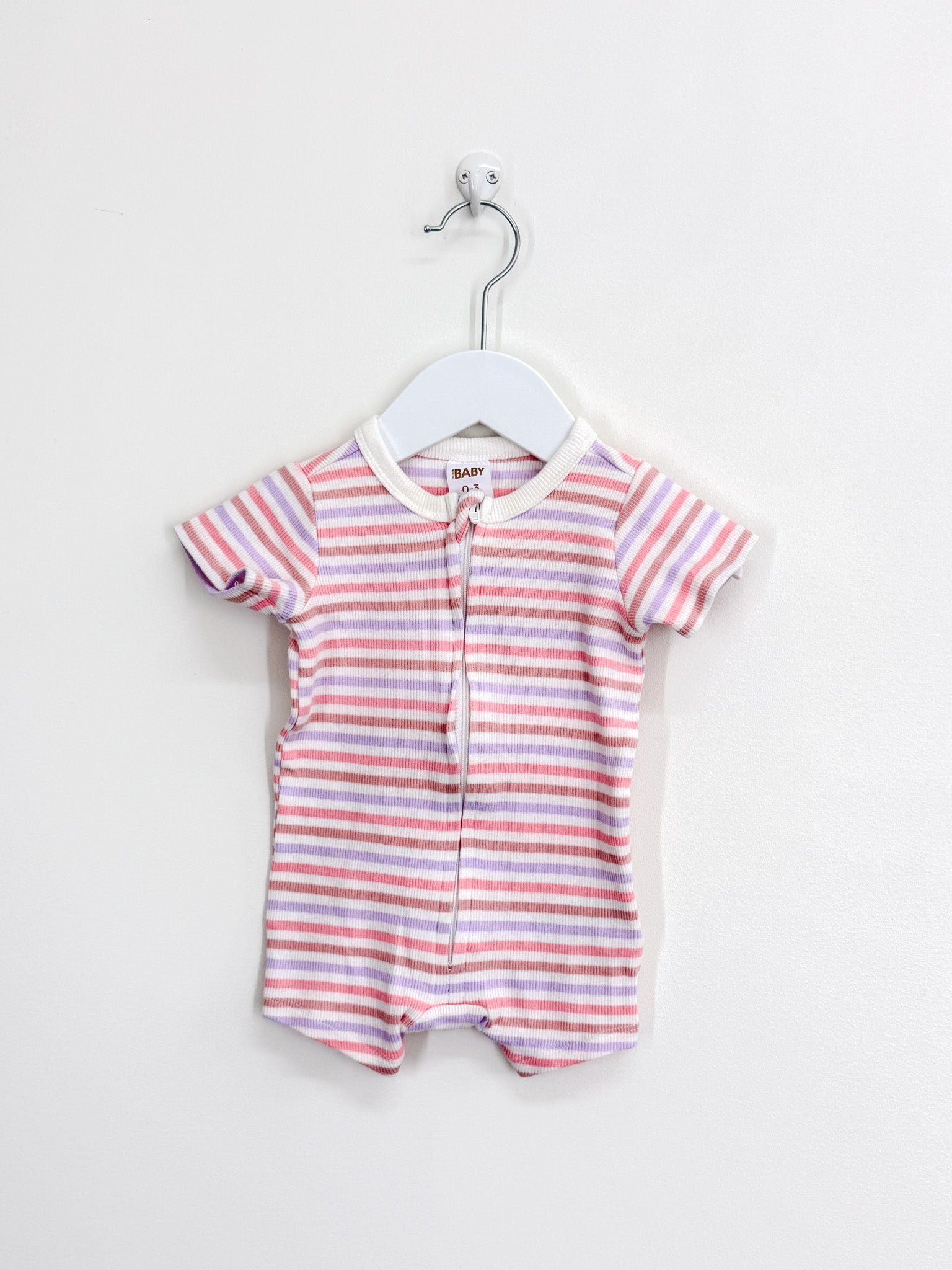 Cotton On Kids rib candy stripe shortie zipsuit (0-3m)