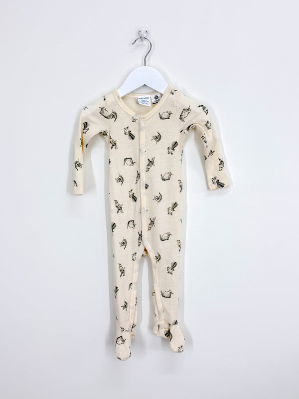Milly & Milo merino button onesie - kiwi birds (6-12m)