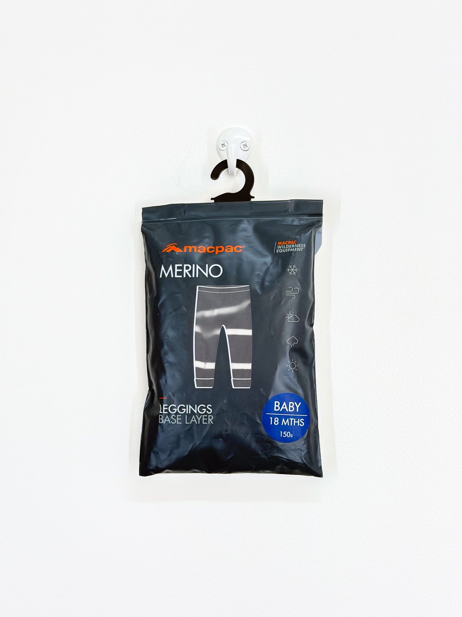 BNWT Macpac merino 150 leggings - black white stripe (18m)