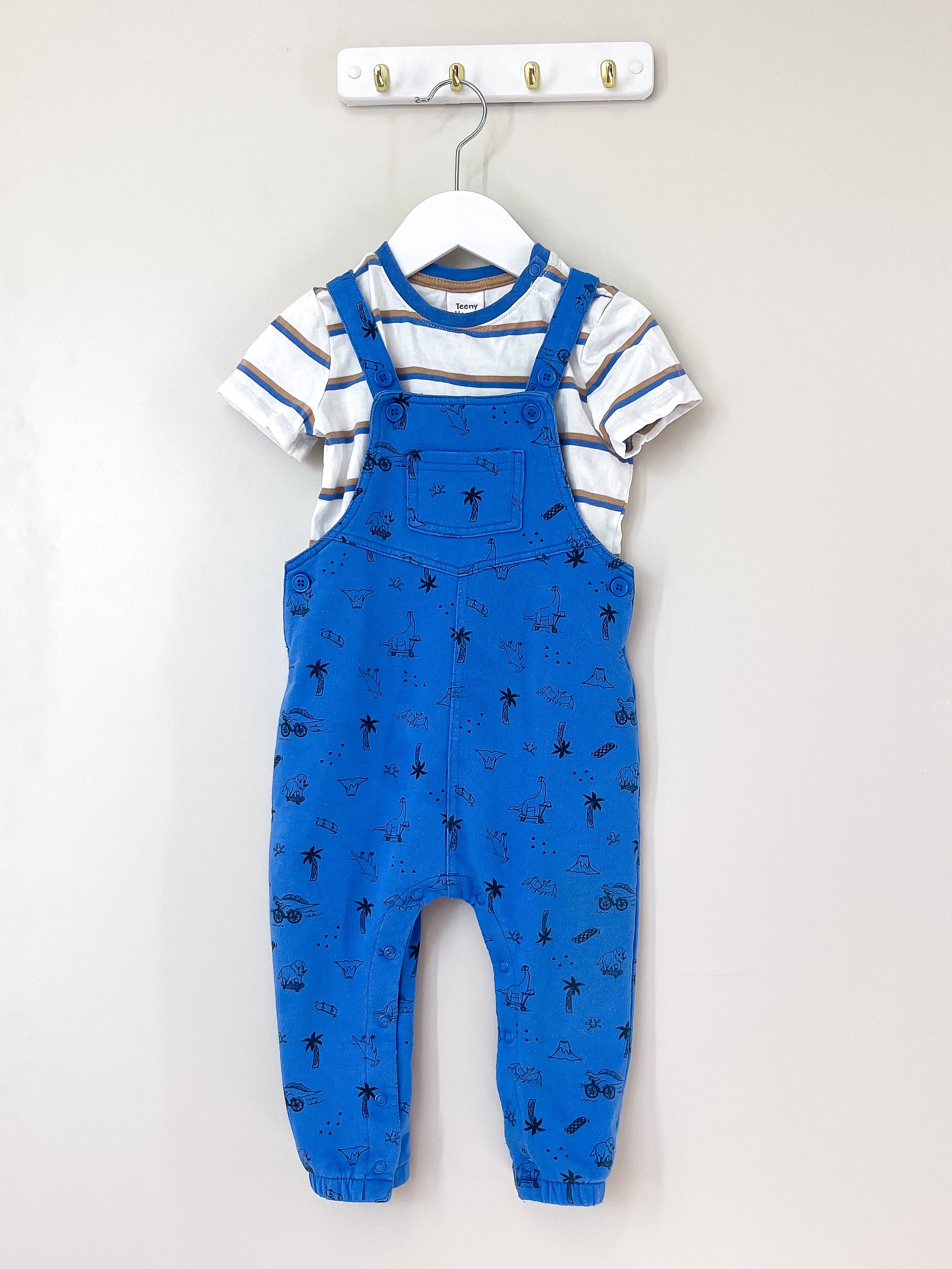 Teeny Weeny dino cotton overalls + tee set (18-24m)