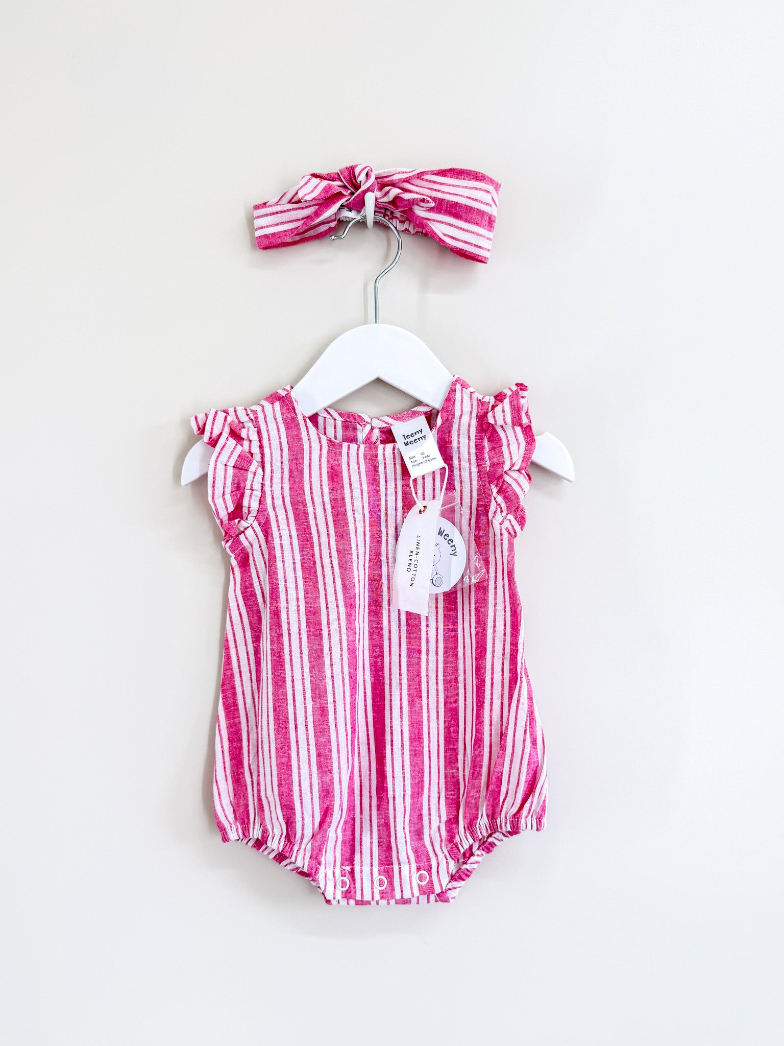 BNWT Teeny Weeny linen romper & bow (3-6m)