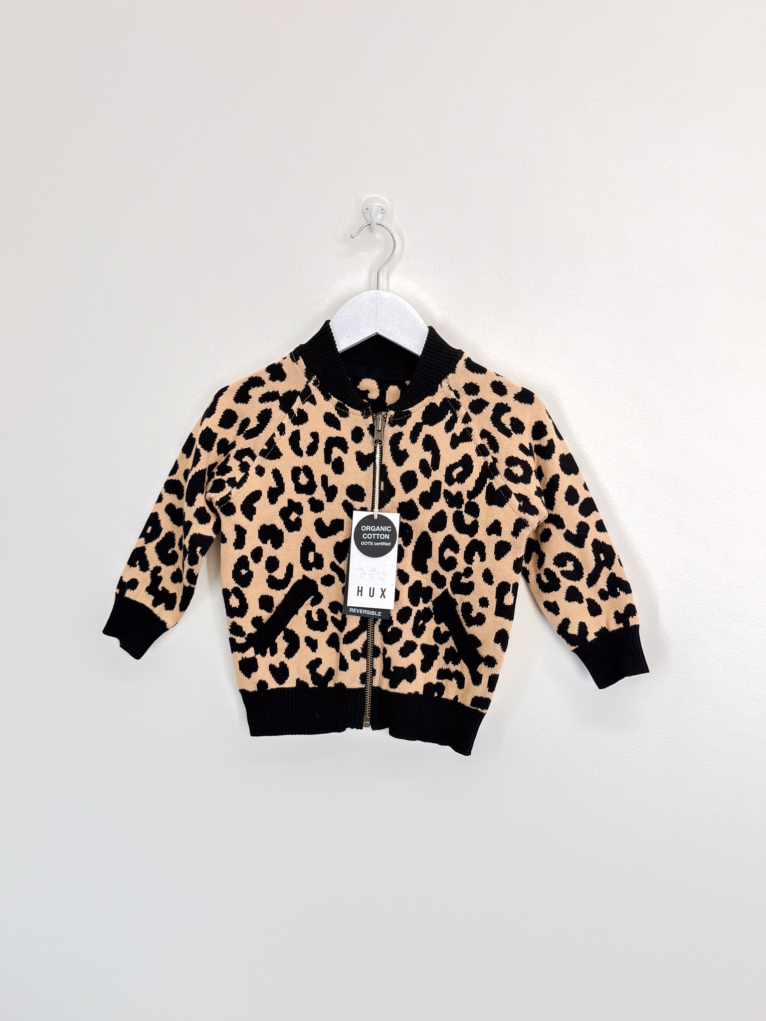 BNWT Hux organic leopard reversible knit bomber jacket (3y)
