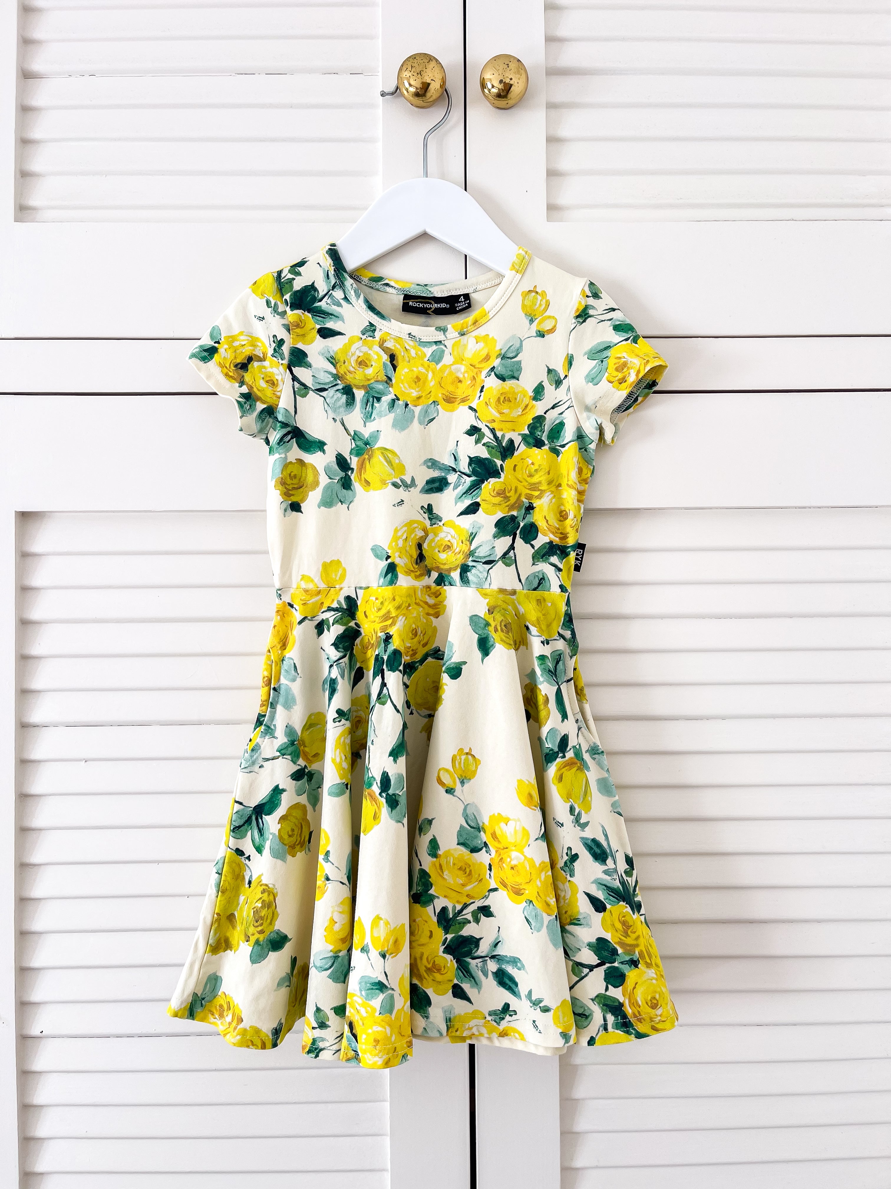 Rock Your Kid yellow roses waisted dress (4y)