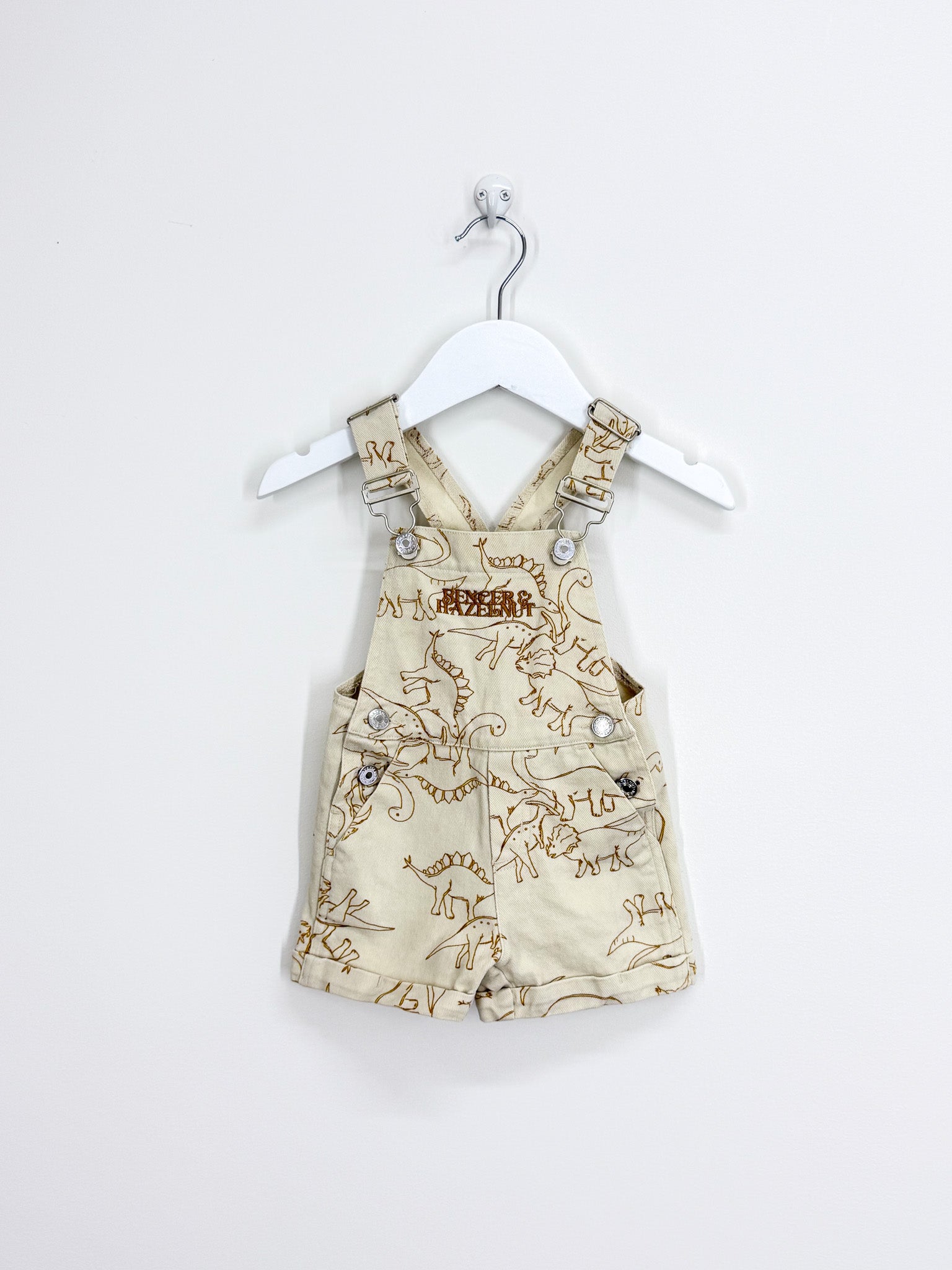 Bencer & Hazelnut denim dino shortalls (3-6m)