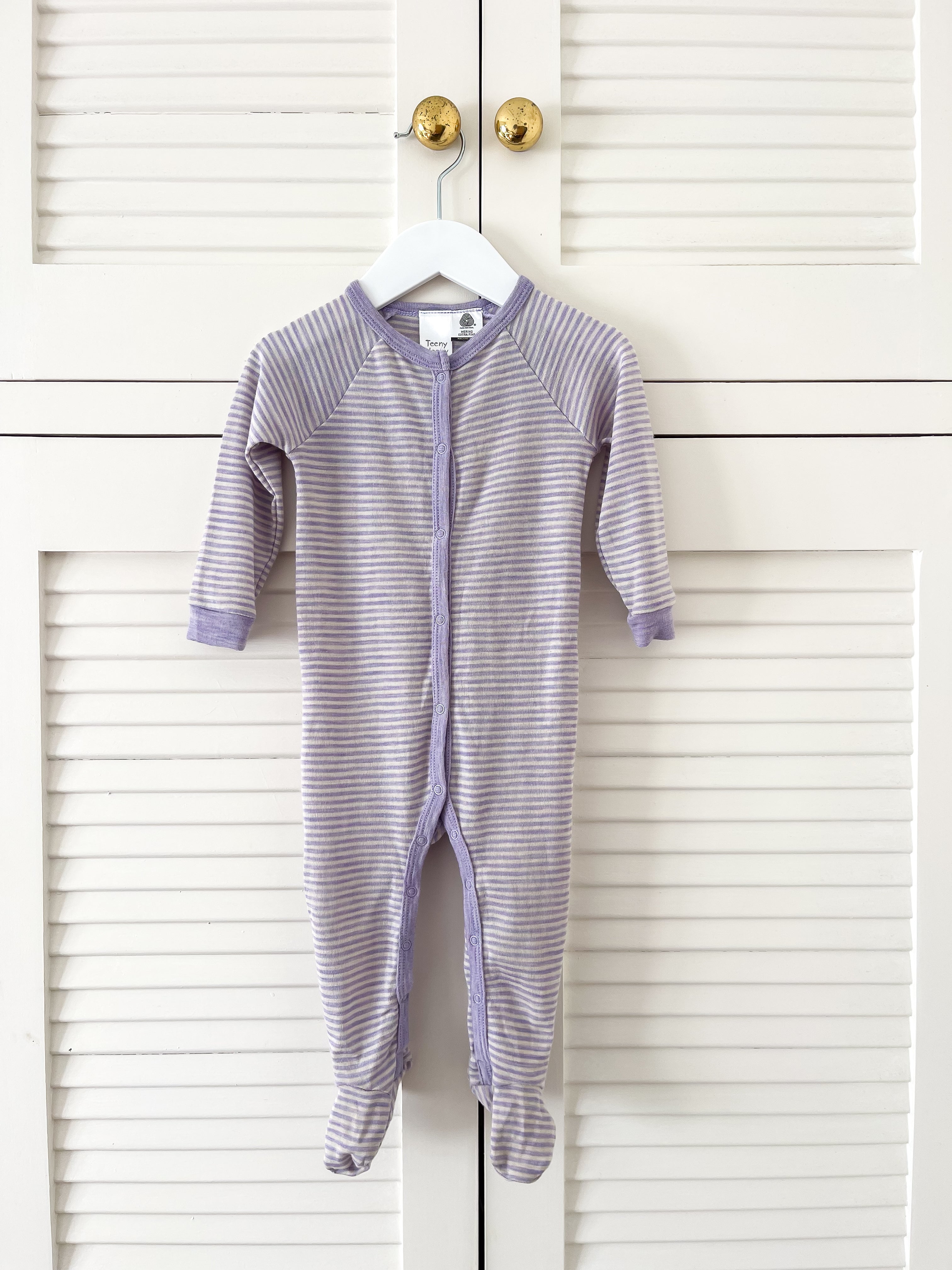 Teeny Weeny merino onesie - lilac stripe (12-18m)