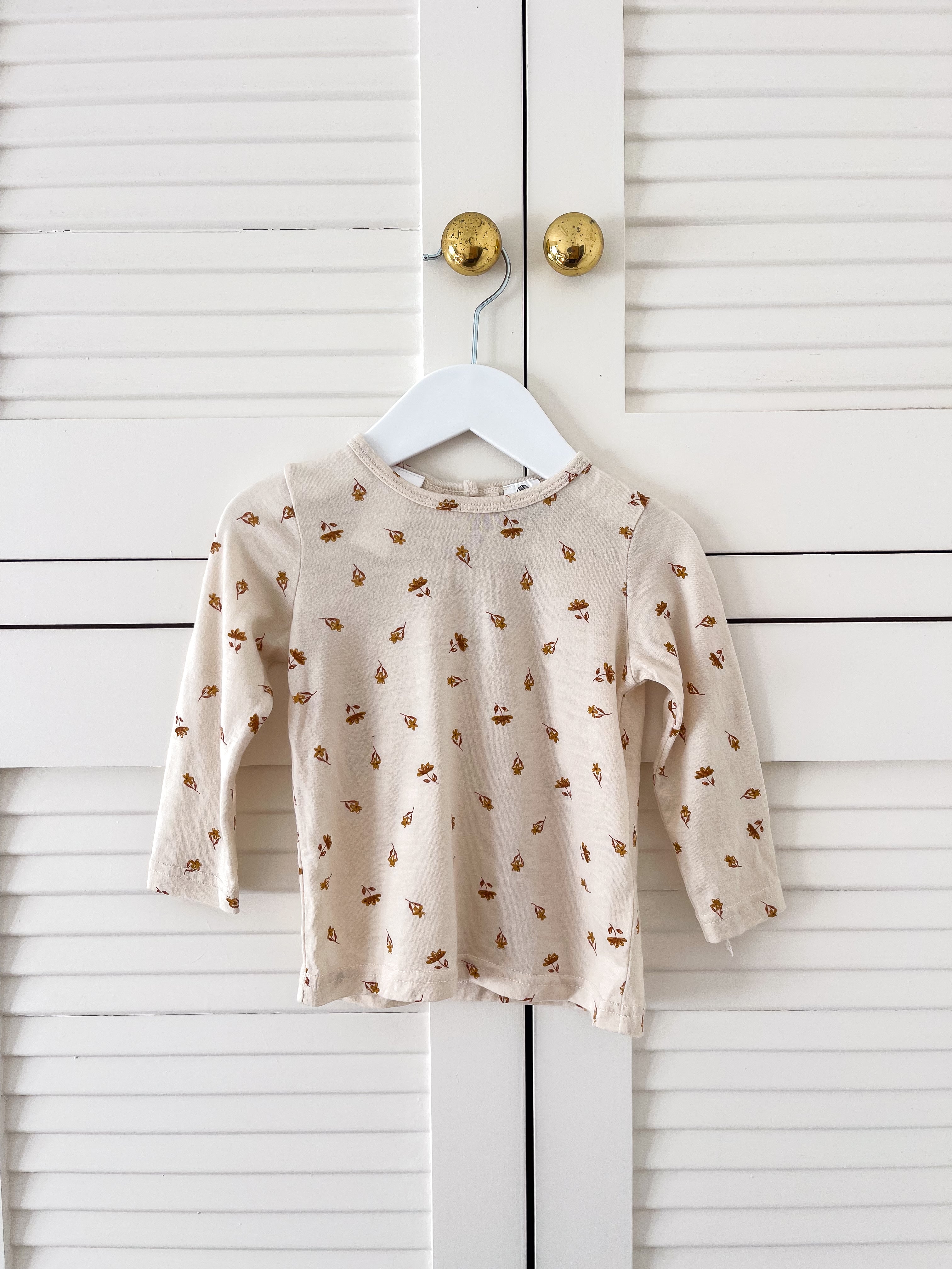 Teeny Weeny merino long sleeve tee - cream leaves (12-18m)