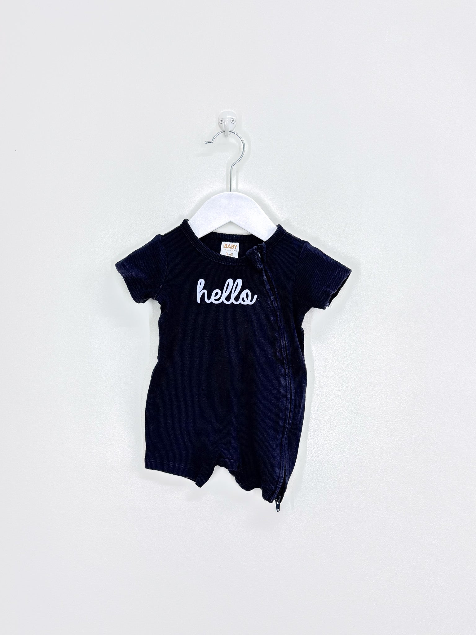 Cotton On Kids organic shortie rib zipsuit - navy hello (3-6m)