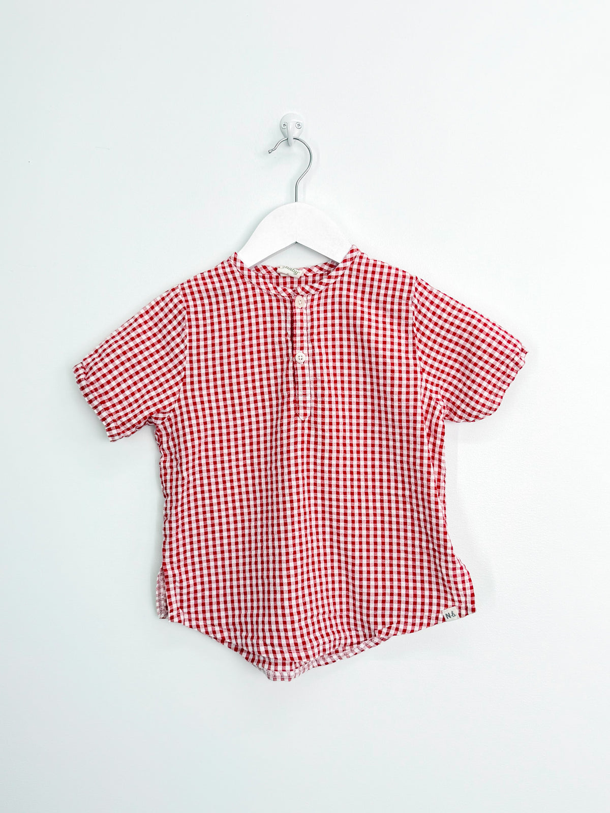 Nature Baby organic short sleeve gingham caravan shirt - red check (5y)