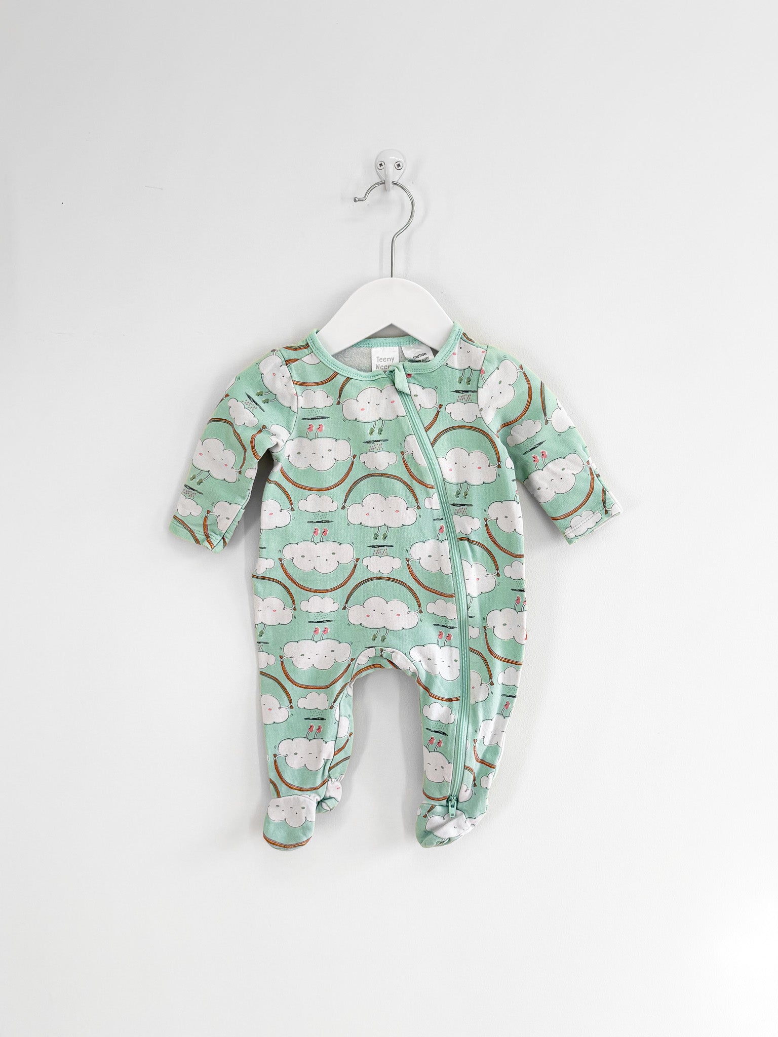 Teeny Weeny fleece zipsuit - mint clouds (0-3m)
