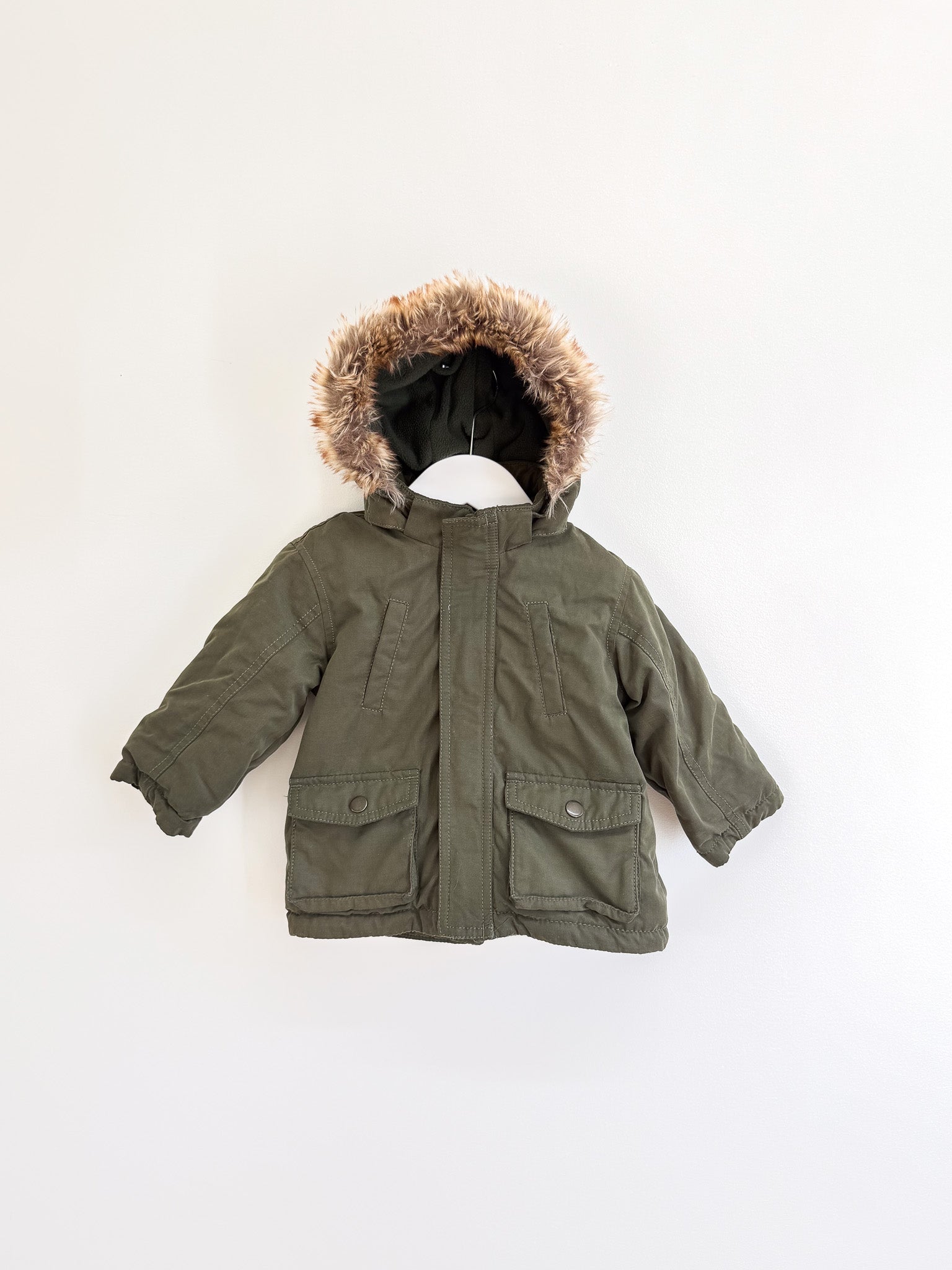 H&M khaki faux fur hooded jacket (6-9m)
