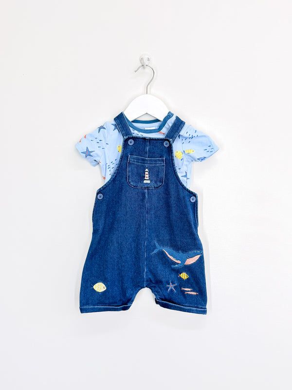 Teeny Weeny seaside denim overalls + tee set (6-12m)