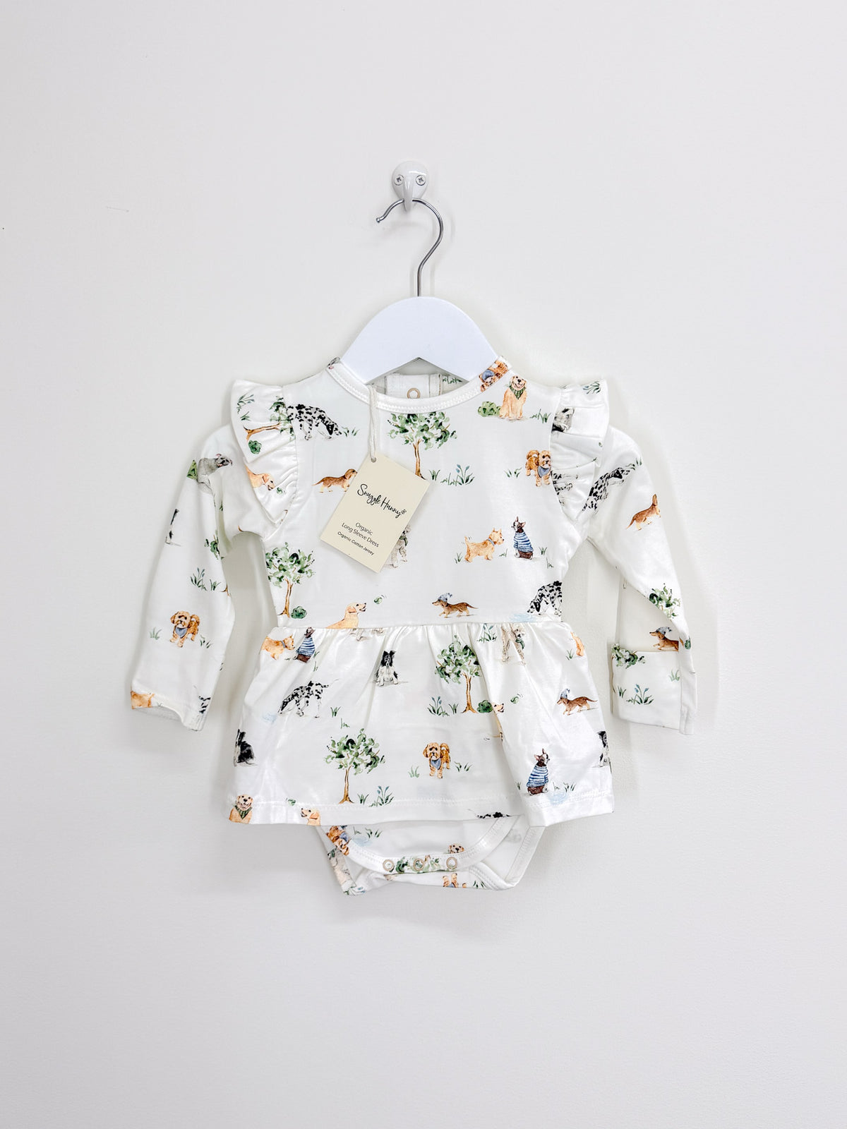 BNWT Snuggle Hunny organic long sleeve dress with frill - dog park (3-6m)